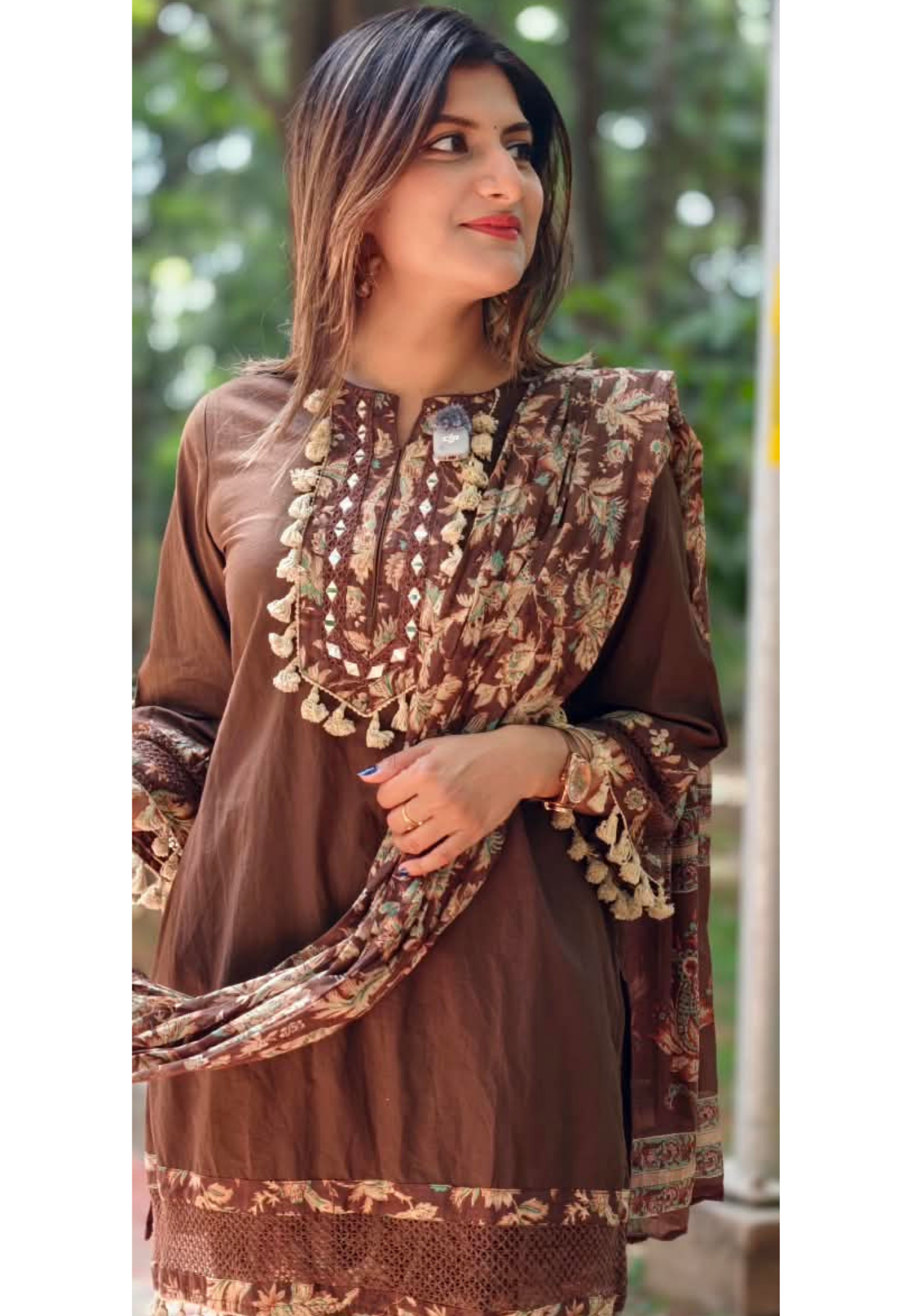 Boho Style Tassel Accent Solid Cotton Kurta With Printed Bottom & Dupatta Full Suit Set- 16018