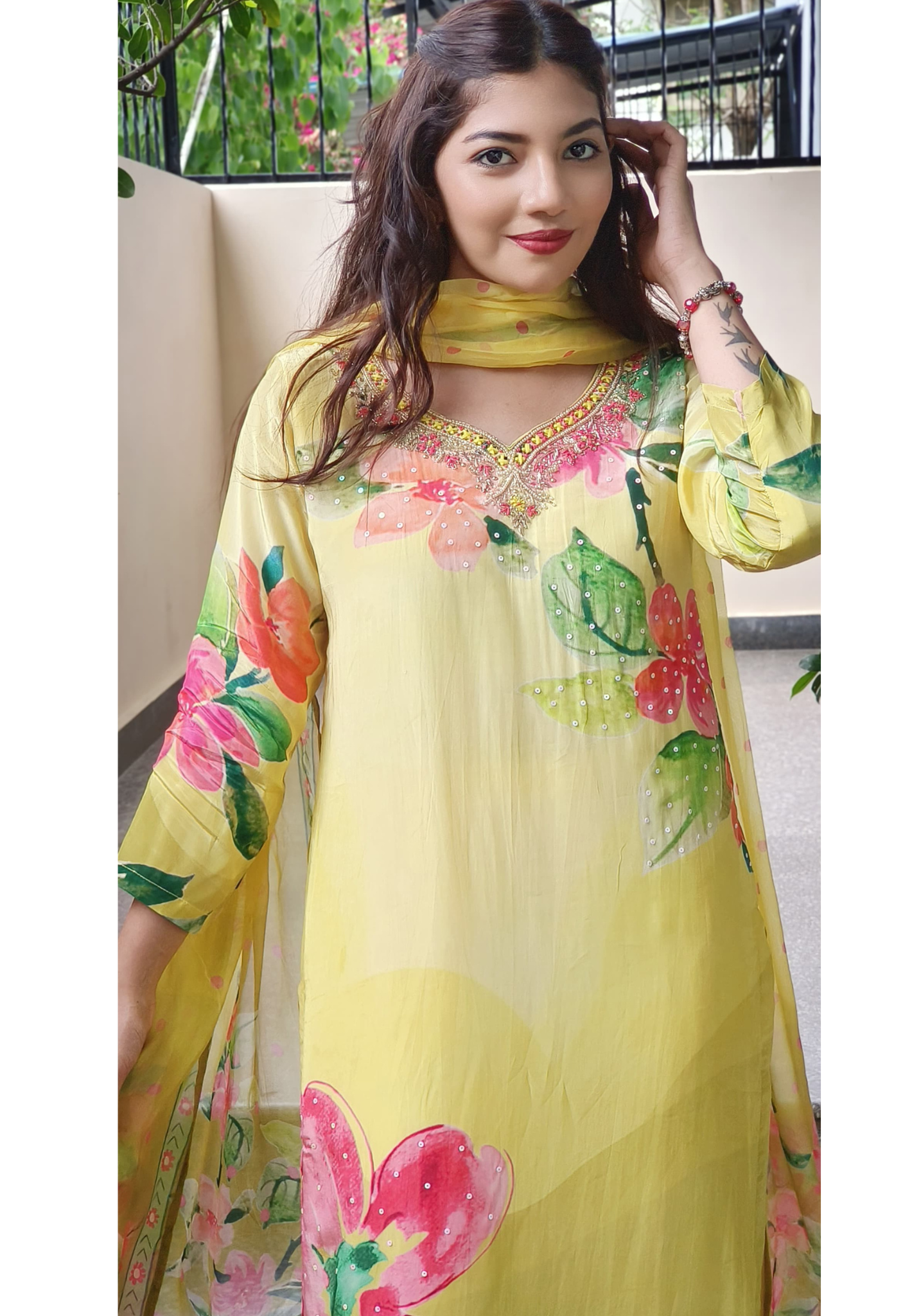 Radiant Yellow Floral Print Suit Set with Hand-Embroidered Neckline and Motifs – Kurta, Pant, and Organza Polka Dupatta for Graceful Elegance DRYWASH DISPATCHING WILL BE FROM MONDAY-09405