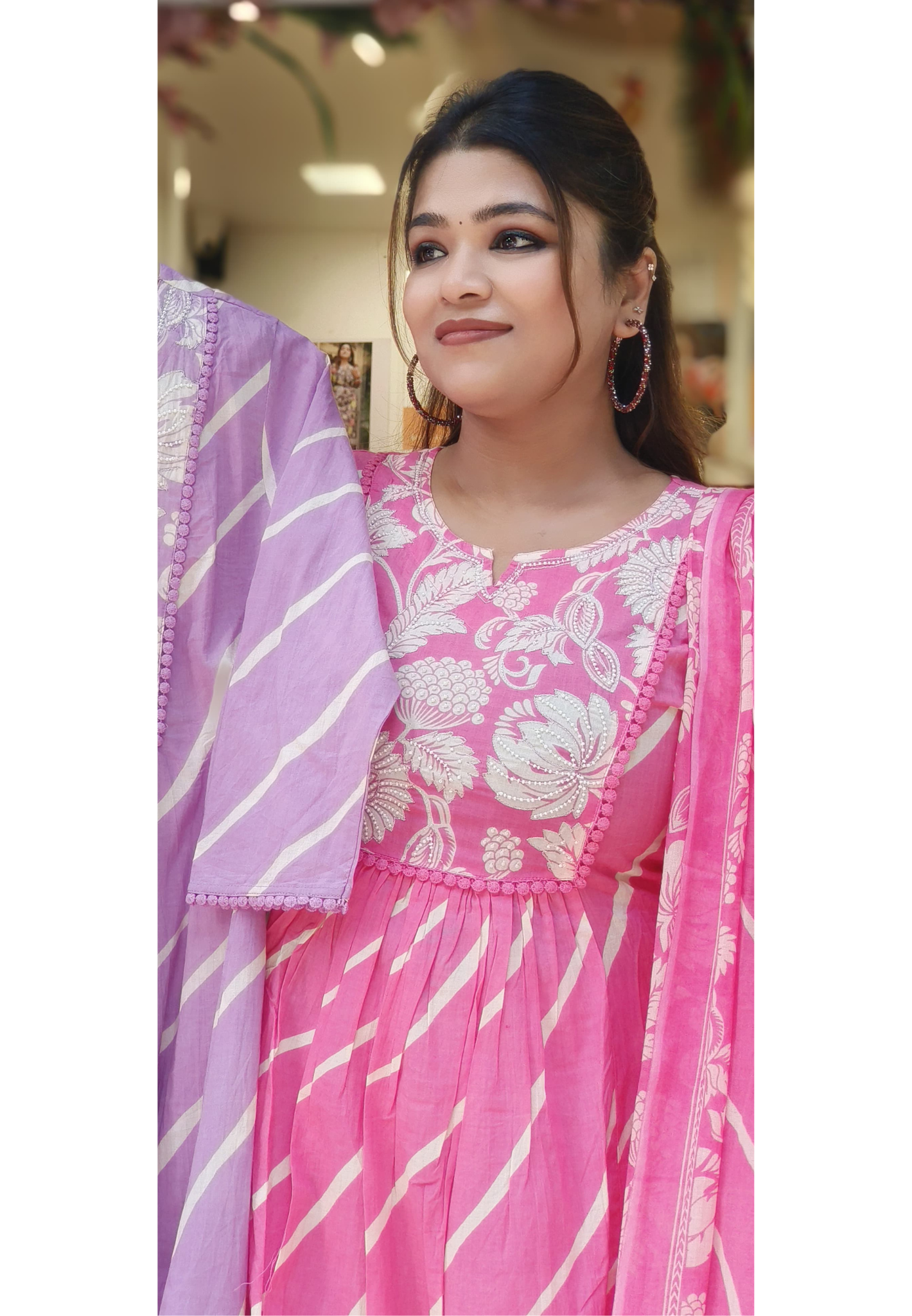 Floral Yoke A-Line Full Suit Set With Dupatta In Cotton Fabric