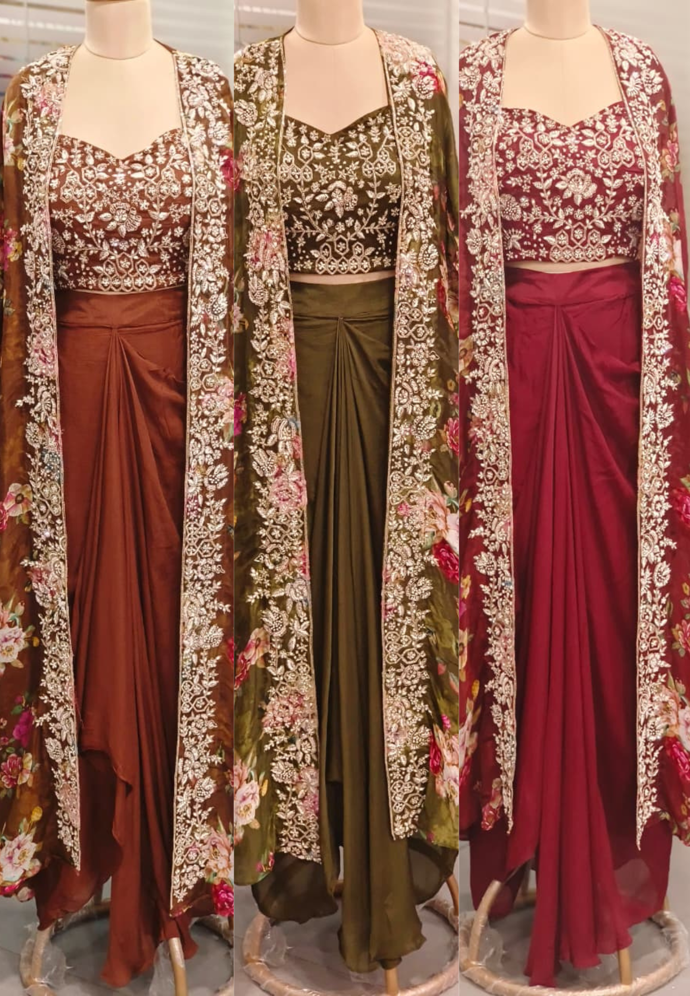 Cut Dana Beads Embellished Heavy Handwork Floral Printed Shrug With Crop Top & Drape Skirt- 11753, 11751, 11749