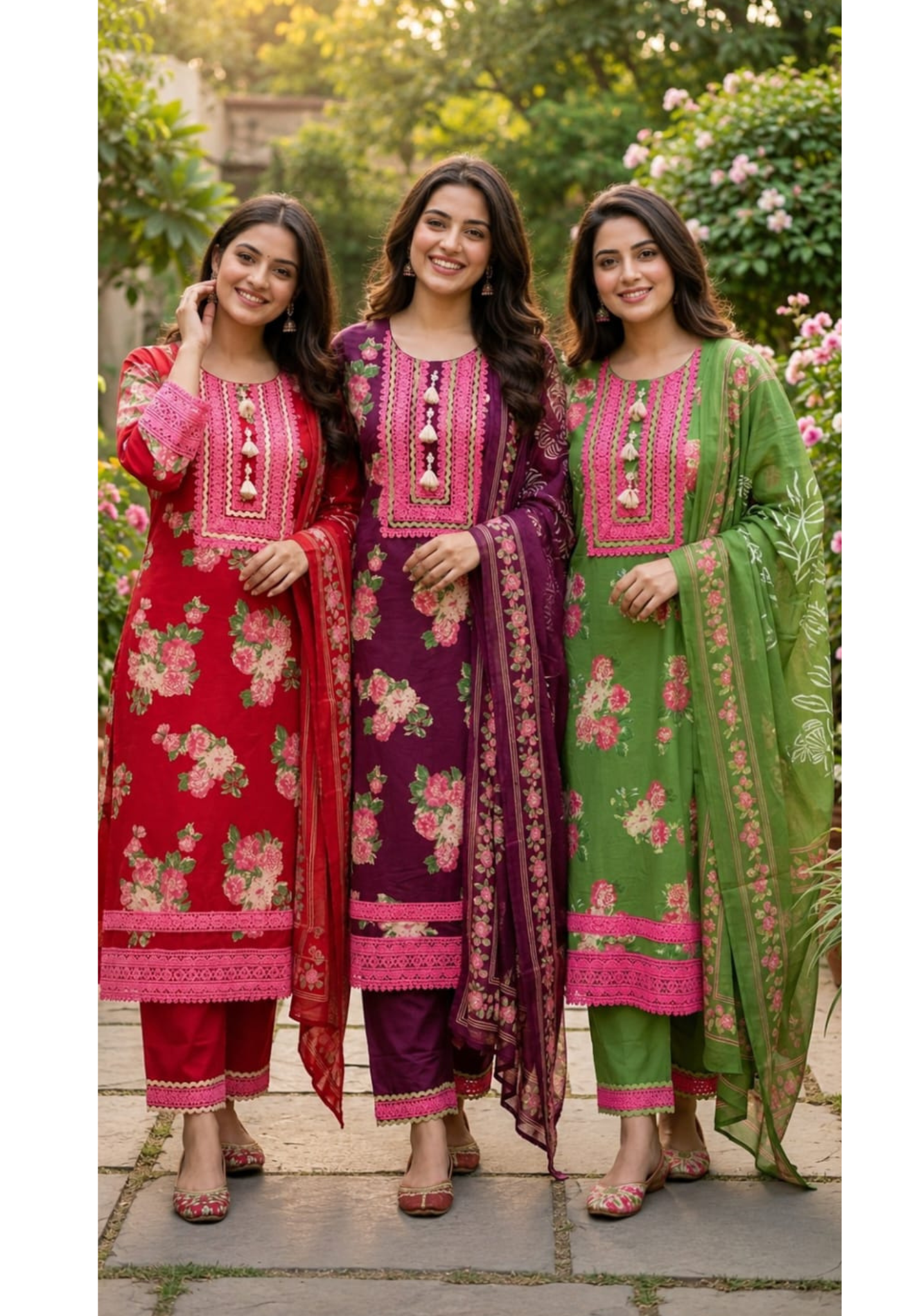 Crosia Lace Detailing Floral Printed Cotton Full Suit Set With Dupatta- 15262