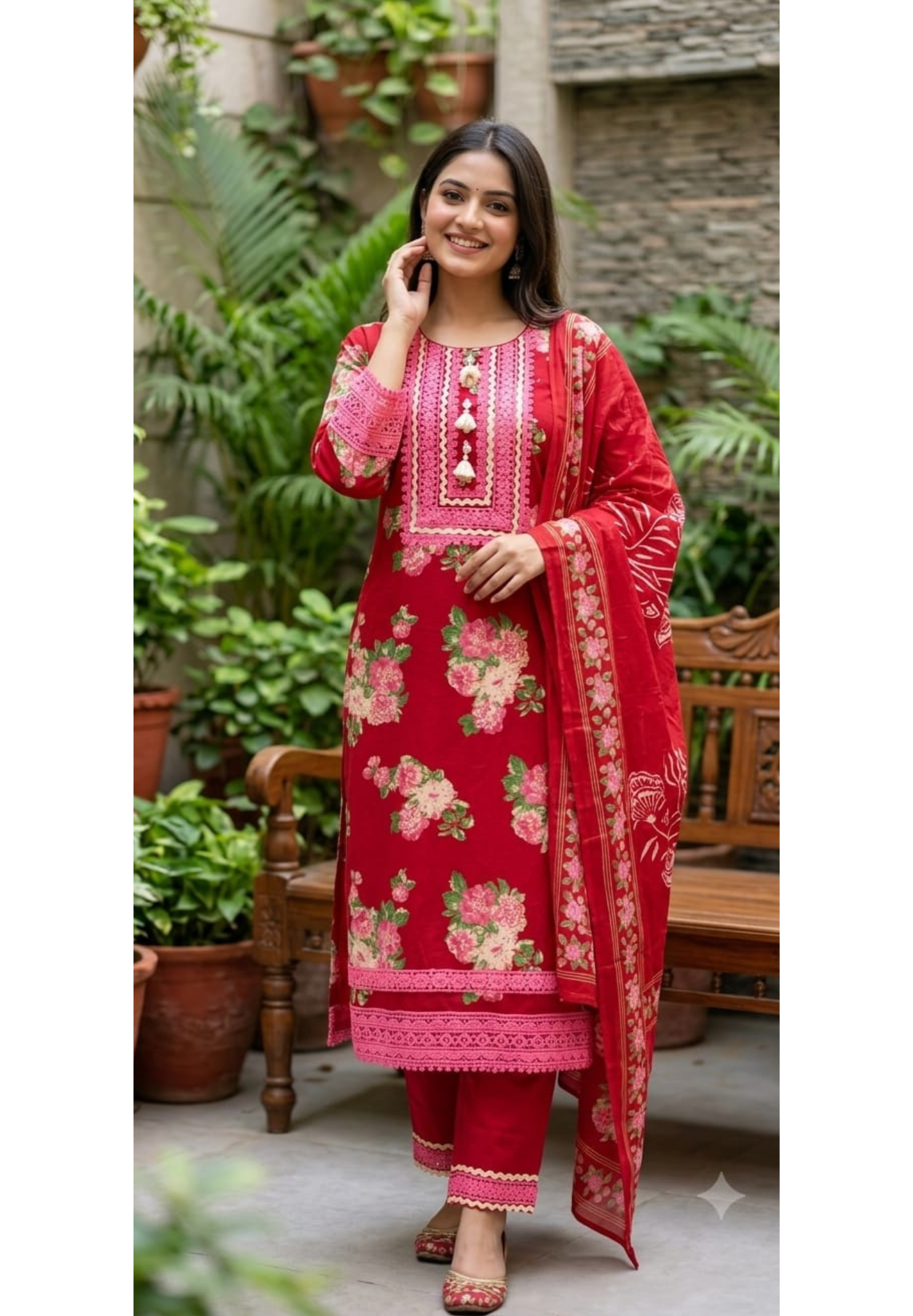 Crosia Lace Detailing Floral Printed Cotton Full Suit Set With Dupatta- 15262