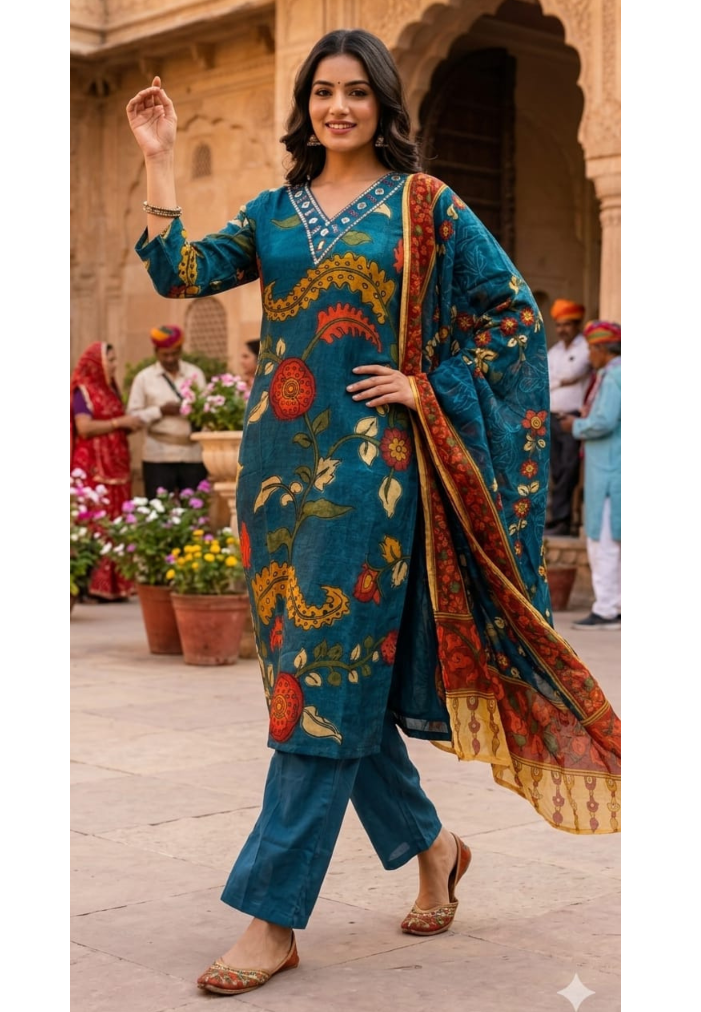 Foil Neckline Ajrakh Floral Print Muslin Full Suit Set With Dupatta- 14896