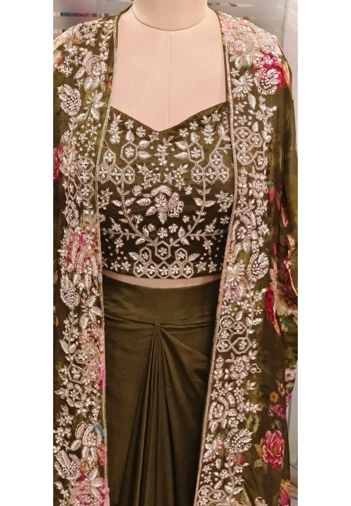 Cut Dana Beads Embellished Heavy Handwork Floral Printed Shrug With Crop Top & Drape Skirt- 11753, 11751, 11749