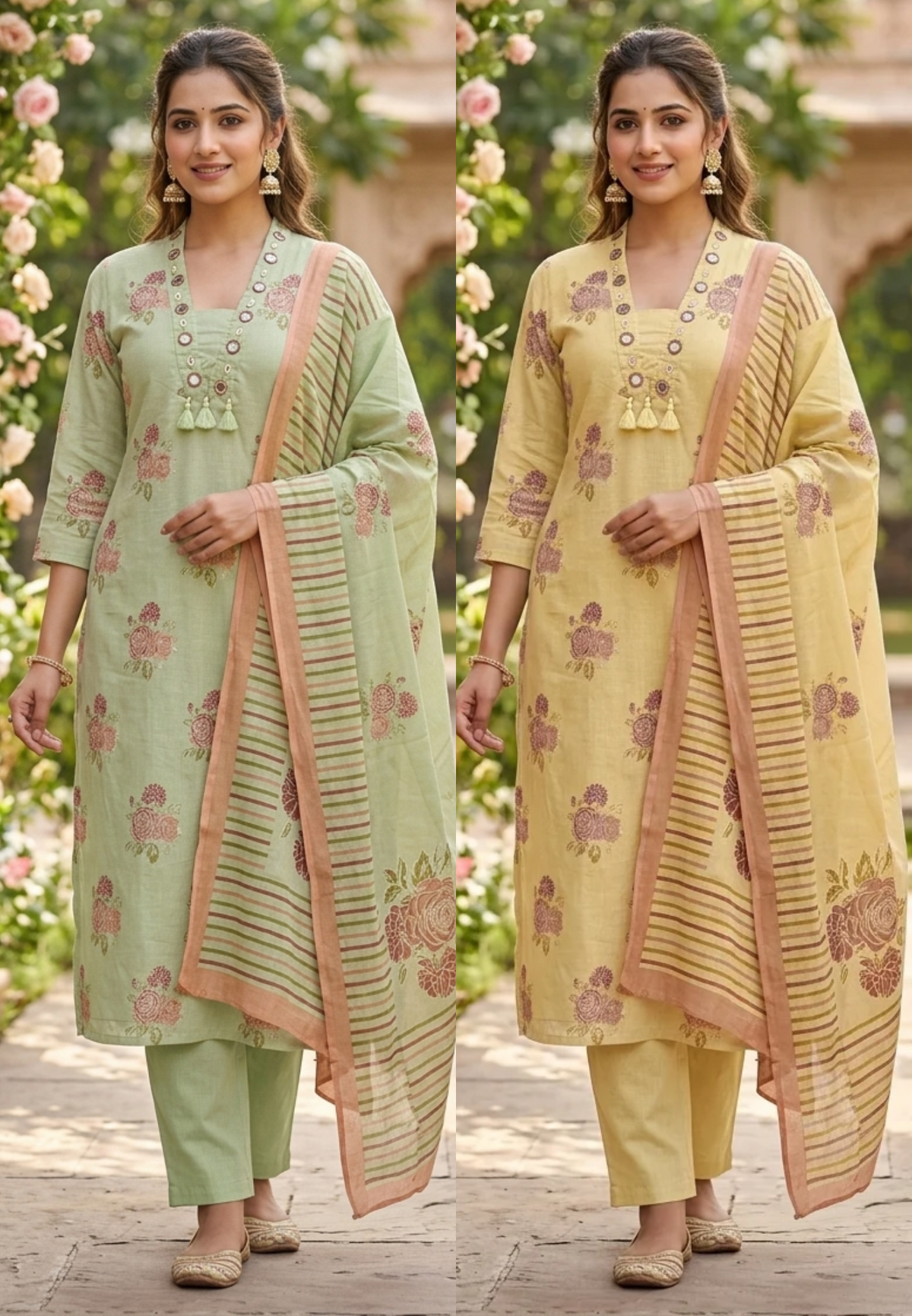Mirror Work Neckline With Pocket Accent Floral Print Cotton Full Suit Set With Dupatta- 16801