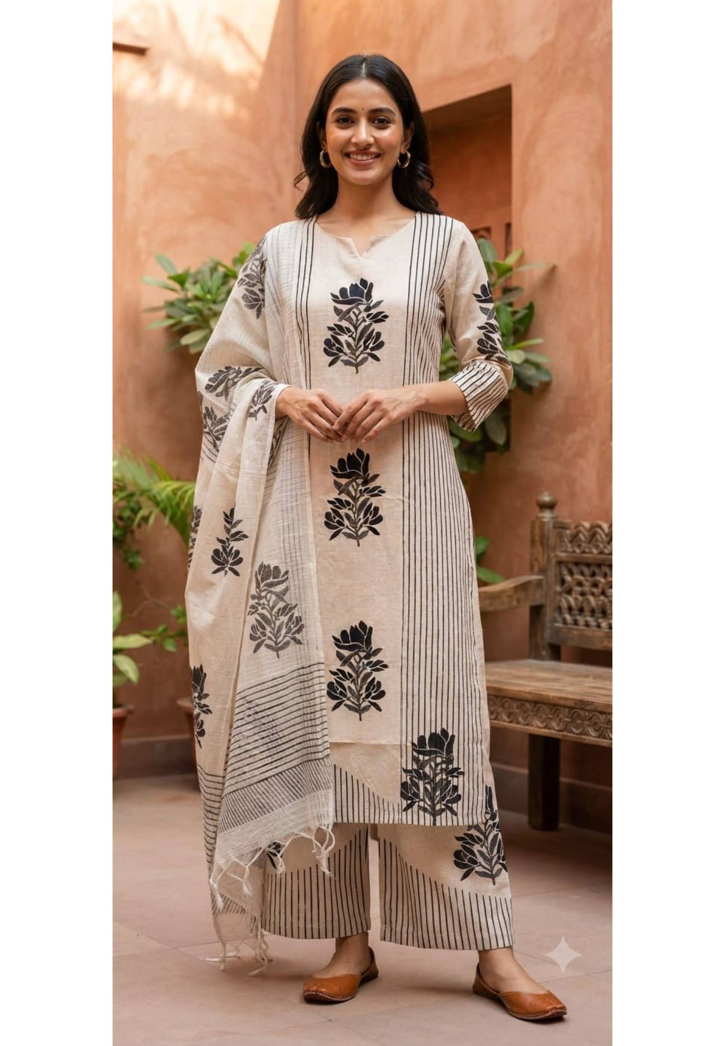Leafy Placement Print Striped Flex Cotton Full Suit Set With Kota Doria Dupatta- 15388