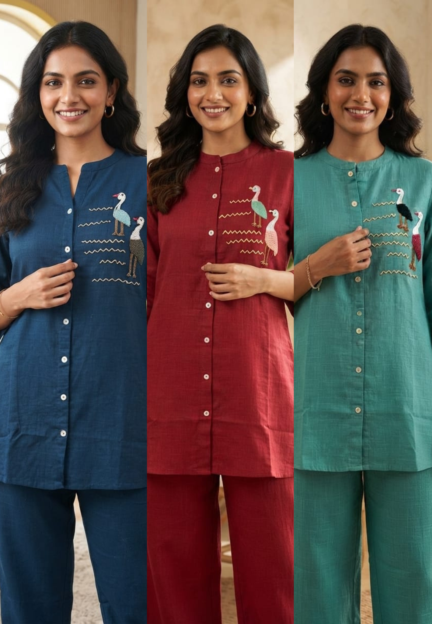 Siberian Thread Embroidered Cute Motifs Cotton Casual Co-Ord Set- 15558