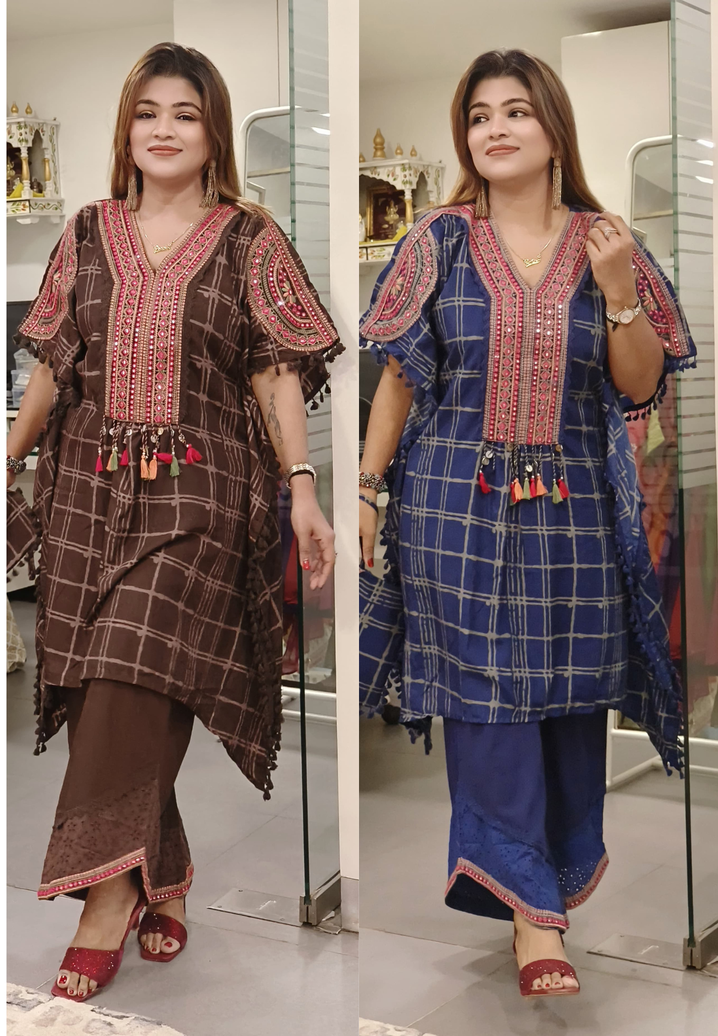 Boho Chic Pom Pom lace Embroidered Muslin Kaftan with Hi low Cotton  Bottom And Pouch-9462,9463