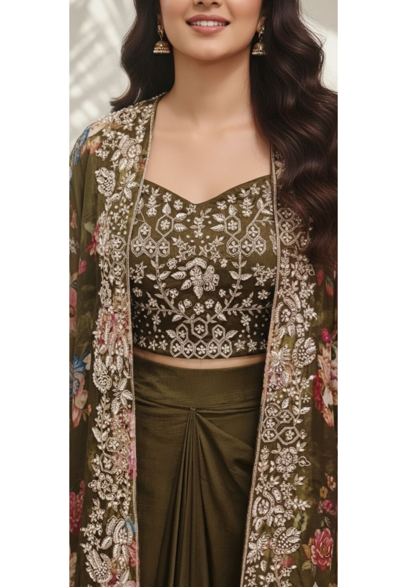 Cut Dana Beads Embellished Heavy Handwork Floral Printed Shrug With Crop Top & Drape Skirt- 11753, 11751, 11749
