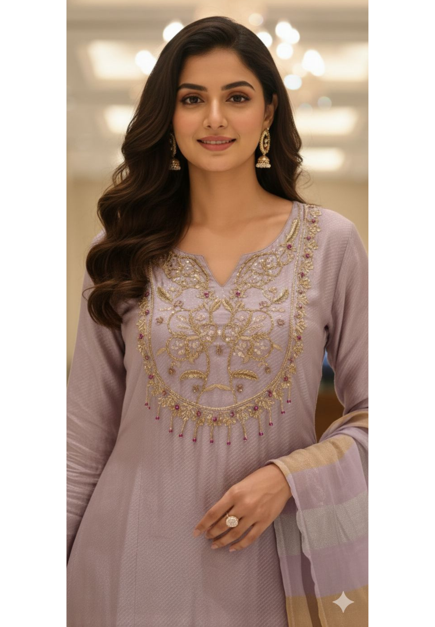 Lavender Blush Tasselled Shiny Tissue Full Suit Set With Dupatta-12998