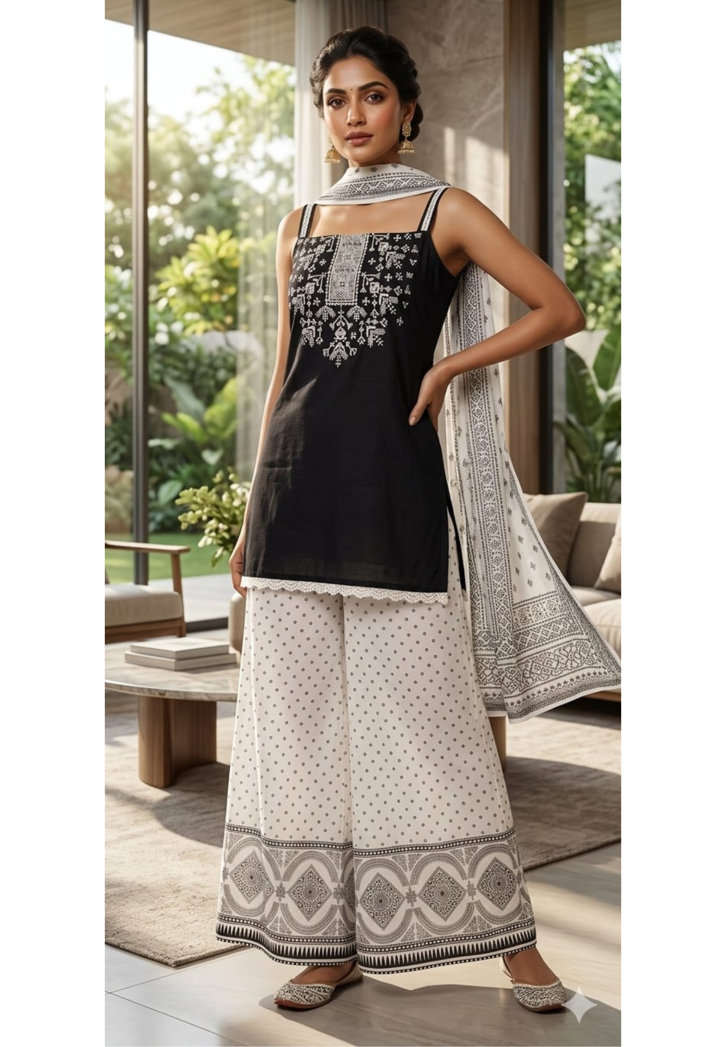 Black & White Inspired Stunning Stylish Sleeveless Full Suit Set With Dupatta & Loose Bottom- 13982