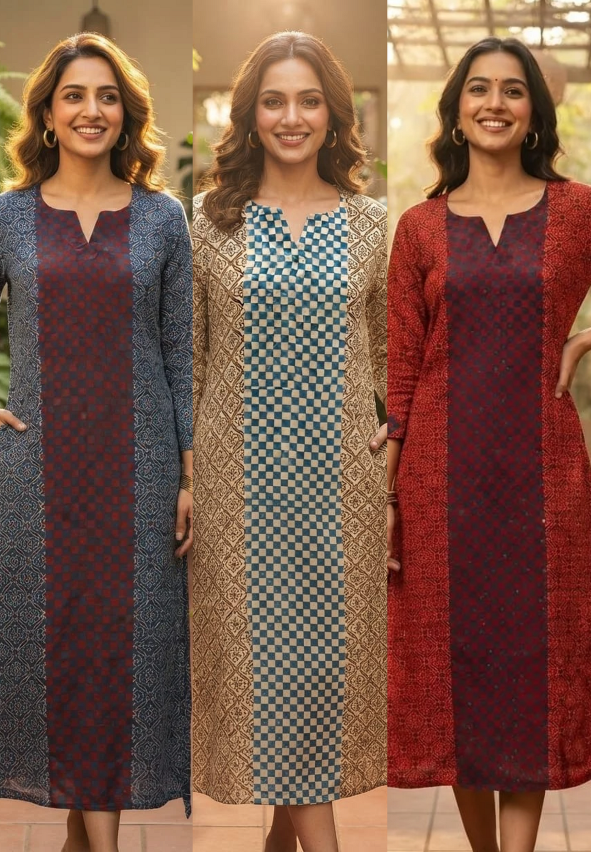 Abstract Geometric Print Gajji Silk Casual Wear Straight Long Kurti- 16644