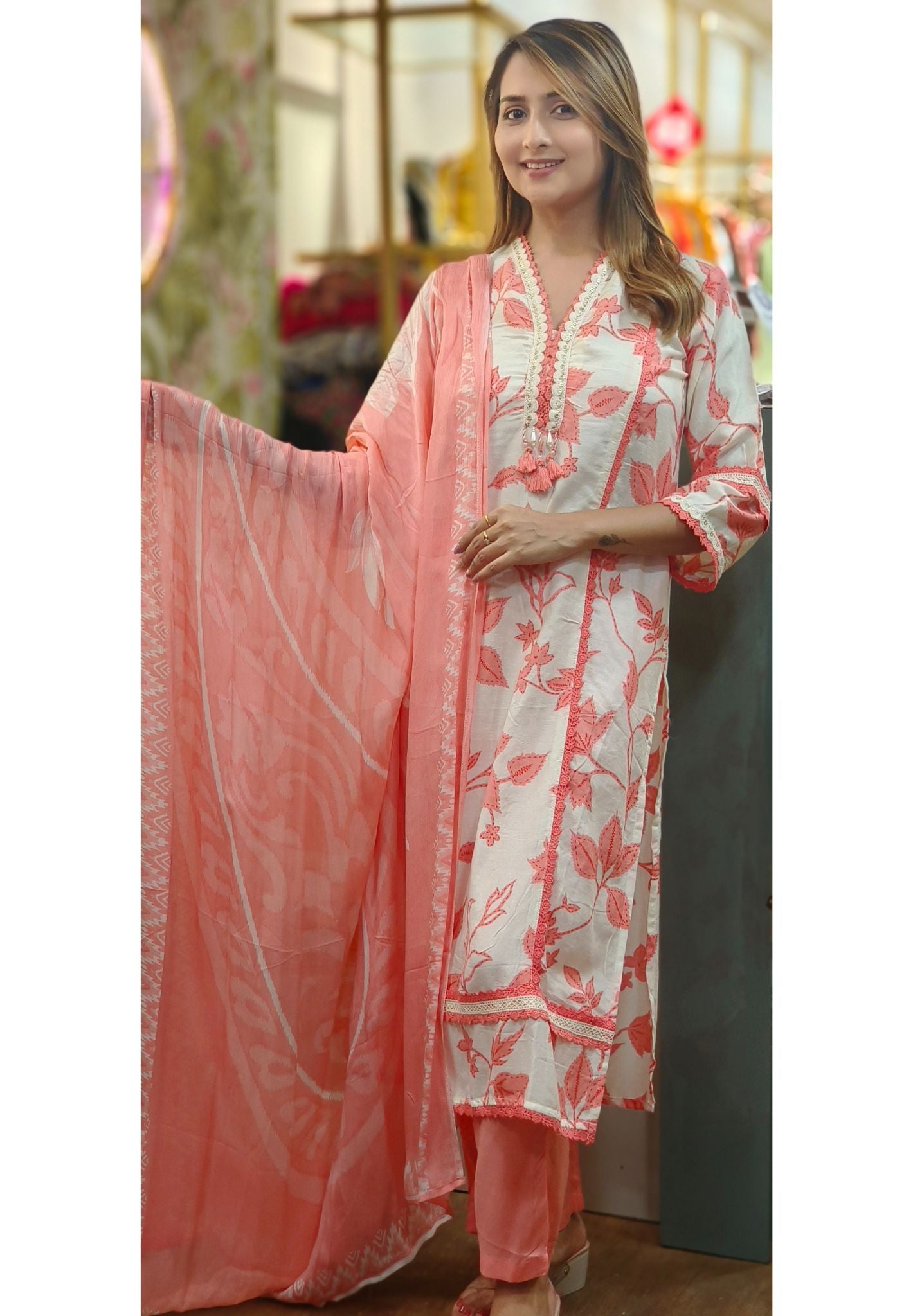 Printed Cotton V-neck embroidery Full Suit Set and chiffon Dupatta-05477