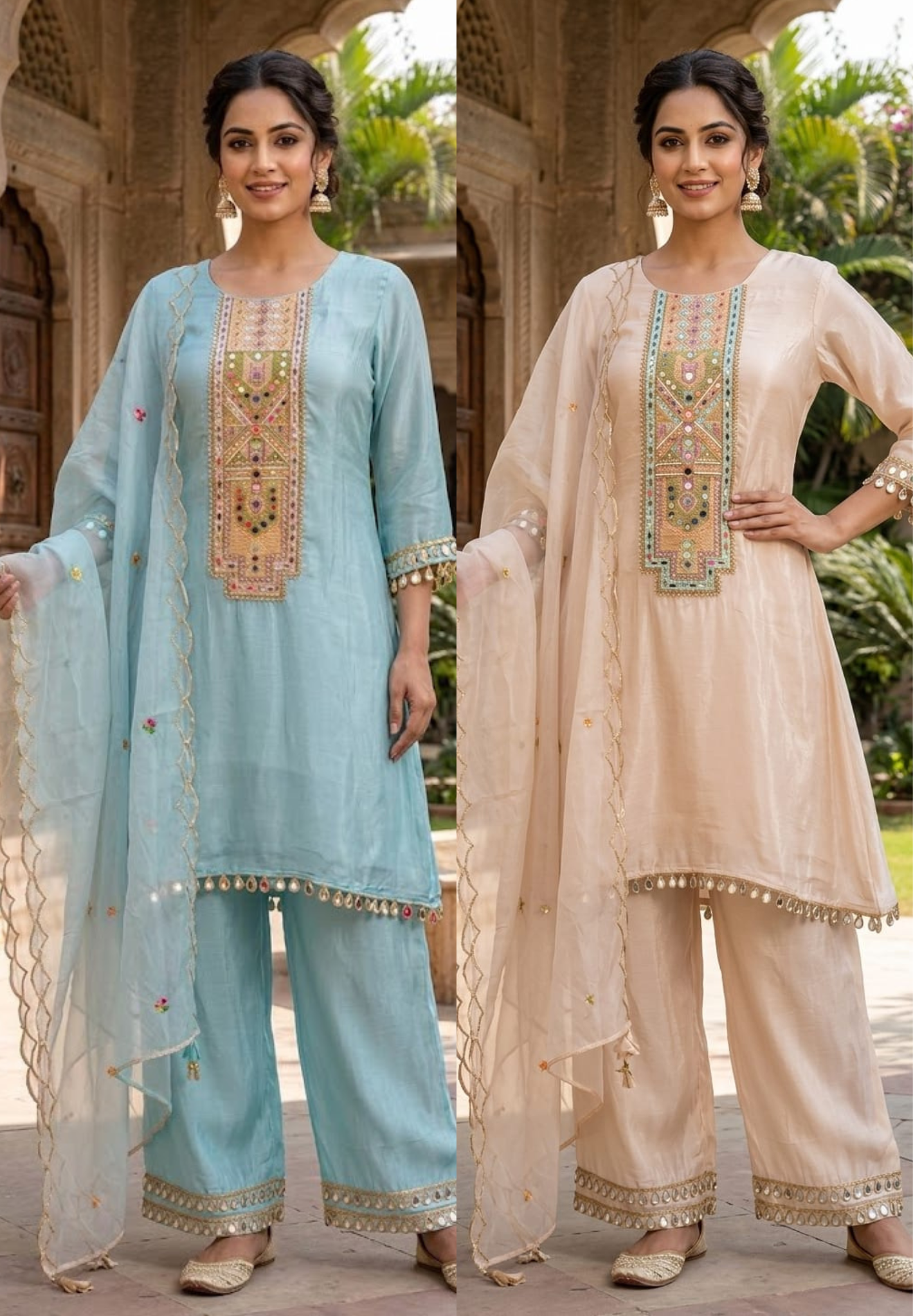 Royal Multicolor Yoke With Real Mirror Touch A-Line Full Suit Set With Dupatta In HO Silk Fabric- 14074