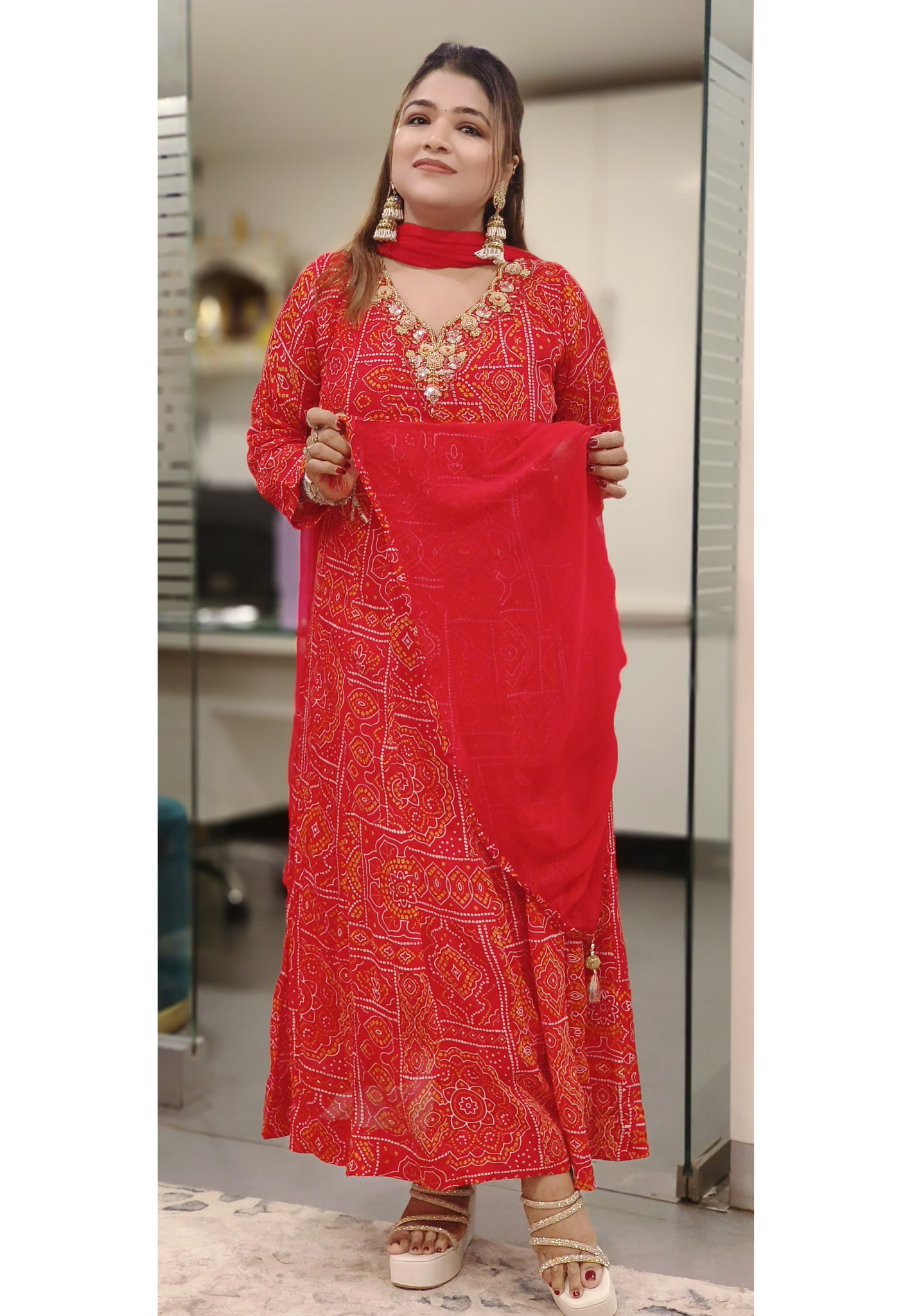 Embroidered Neck Chinon Fabric Chunari Print Panel Anarkali Full Suit Set-10187