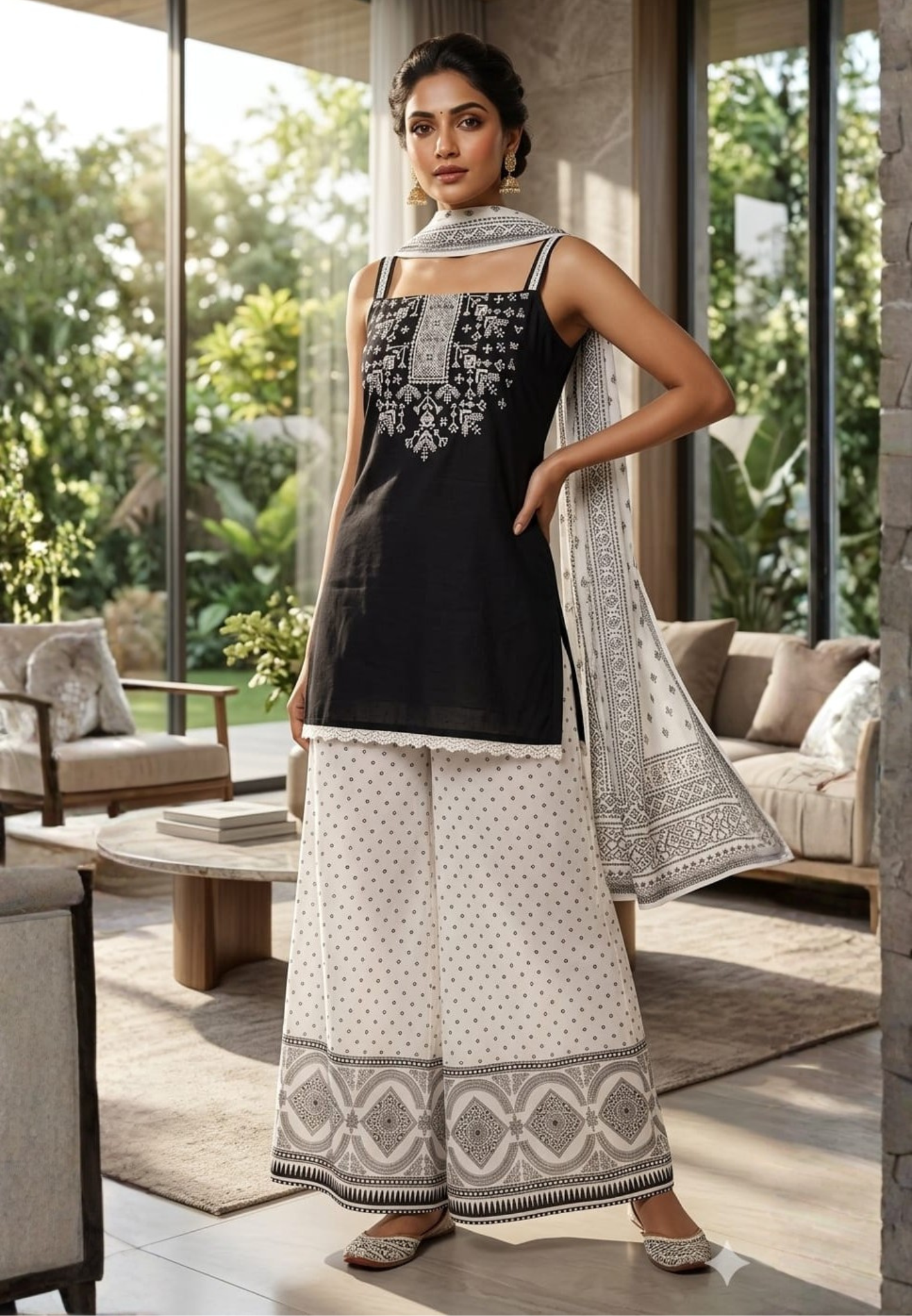 Black & White Inspired Stunning Stylish Sleeveless Full Suit Set With Dupatta & Loose Bottom- 13982