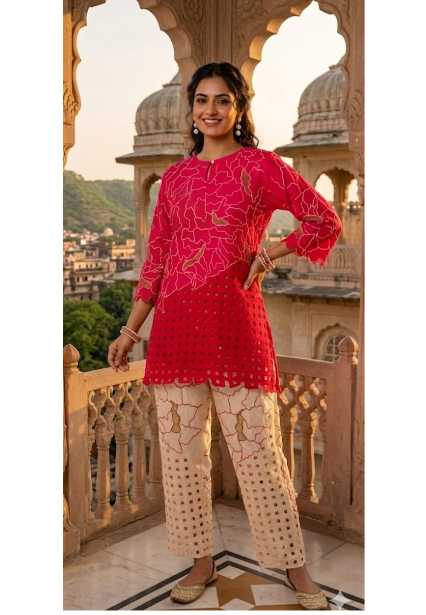 Contemporary Abstract Embroidered with Geometric Cutwork Russian Silk Co-Ord Set- 15224
