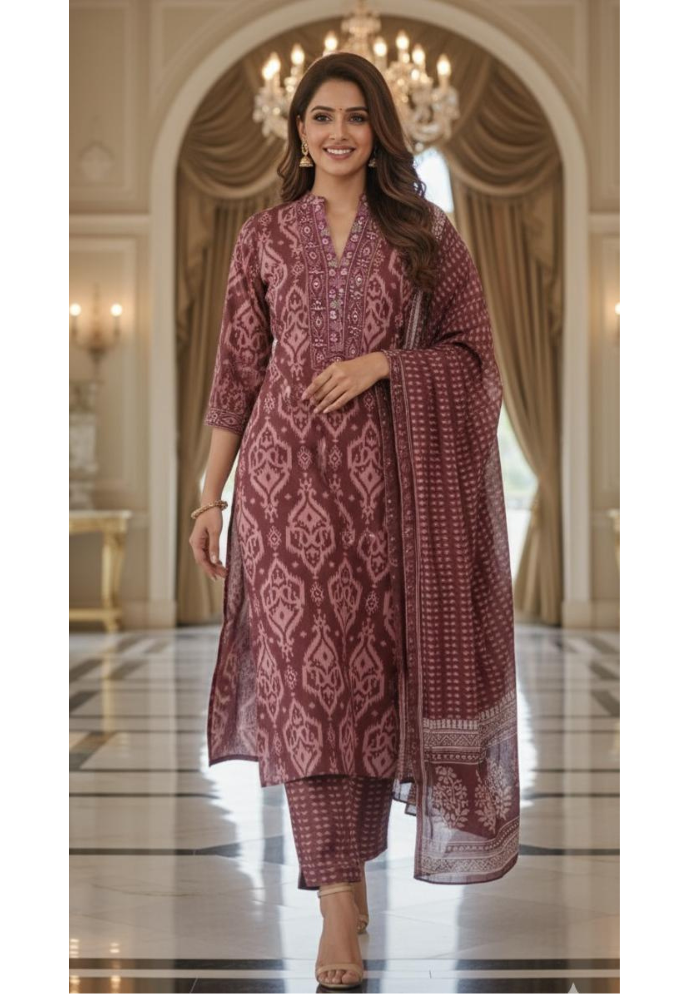 Printed  Ajrakh Inspired Cotton Suit Set with Handblock Dupatta-12303,12302