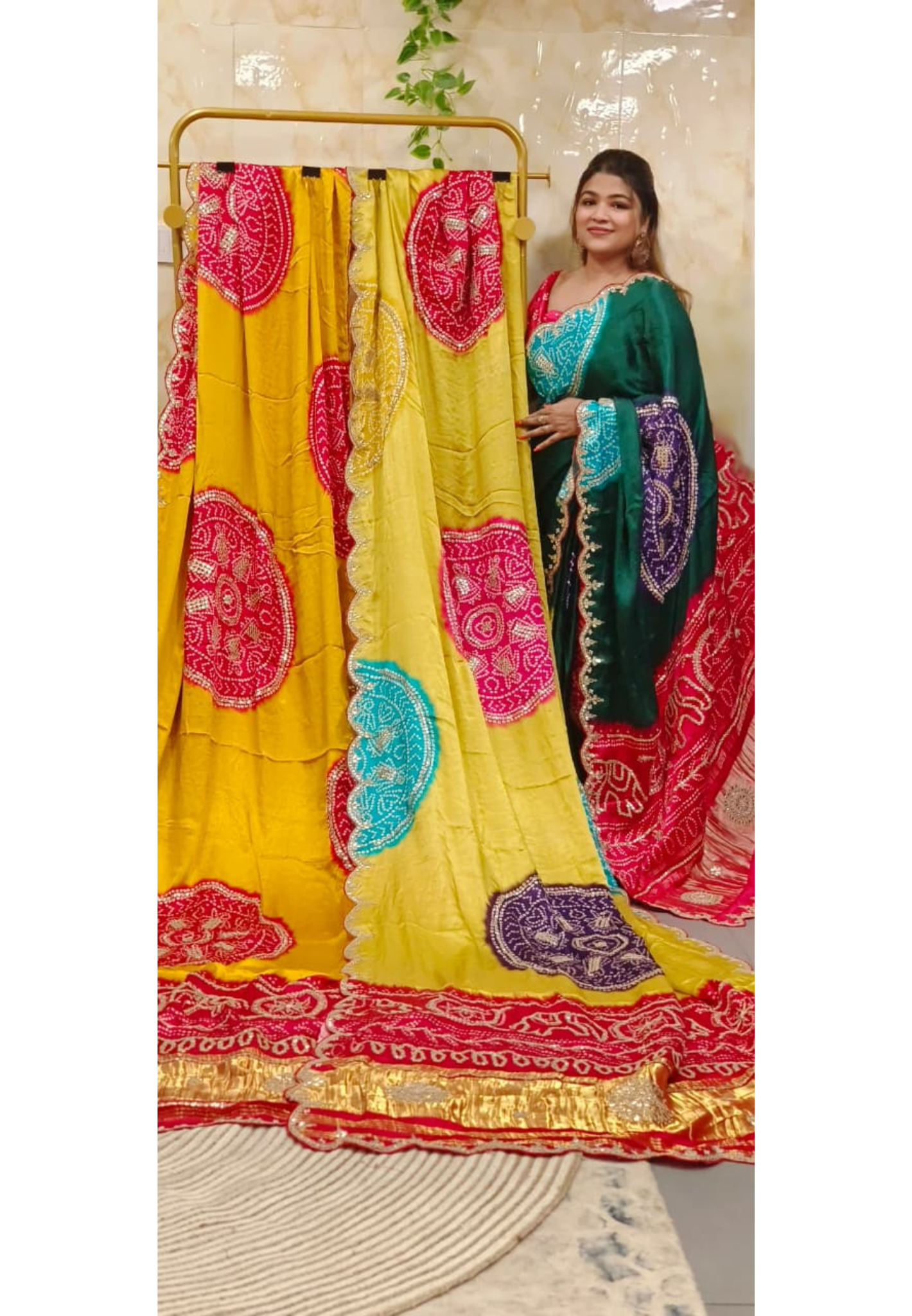 Rajasthani Vibe Dancing Figure Gotta Work Colorful Bandhej Saree With Unstitched Blouse