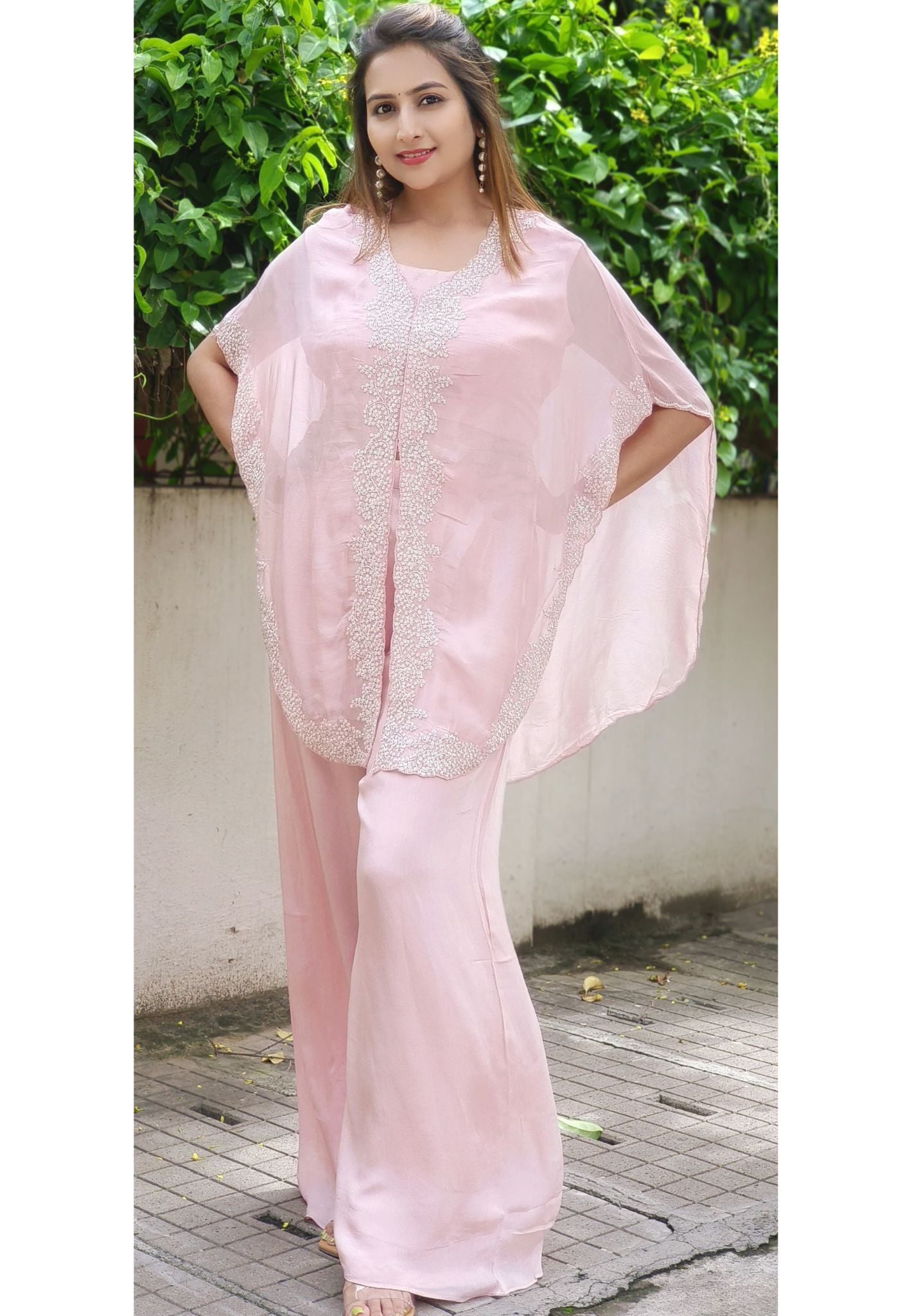 Pure Chinon Pearl And Cut Dana Embroidery Jacket With Palazzo Pant -06205