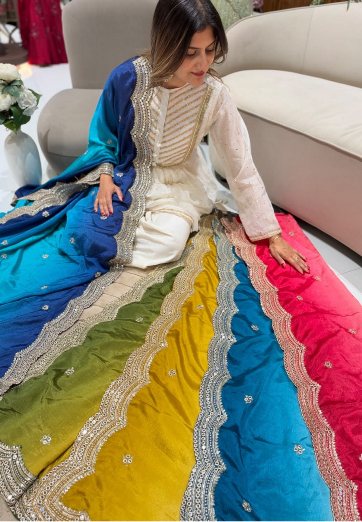 Mustard Elegance Glazy Dupatta with Cutwork & Hand Embroidery- 16395