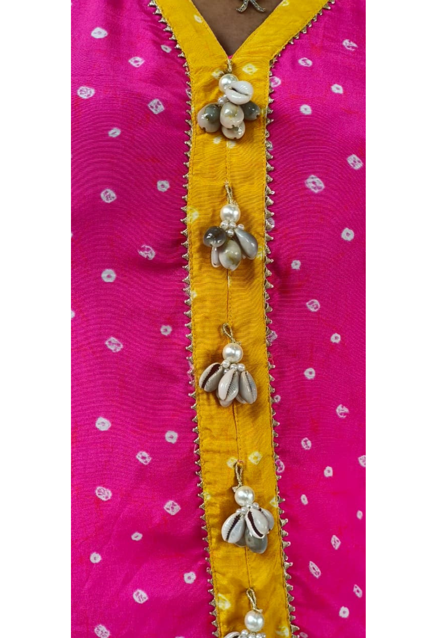 Bandhej High-Low Kurta with Flare Bottom Yellow Placket and Handcrafted Cowrie Shell Tassels-12256,12257