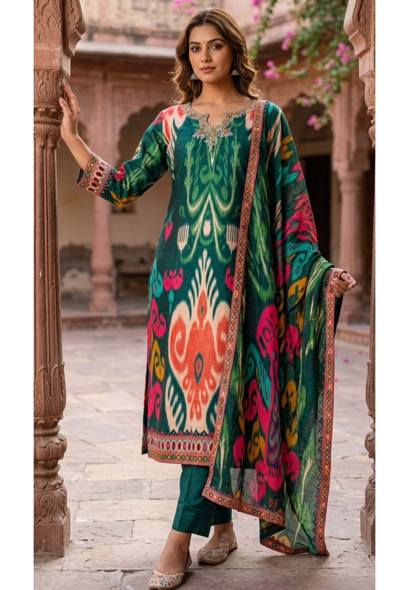 Ornate Crystal & Bead Work Midnight Emerald Royal Ikat Print Full Suit Set with Dupatta