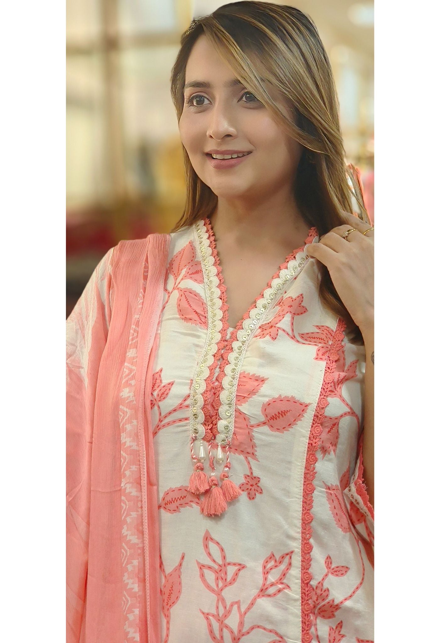 Printed Cotton V-neck embroidery Full Suit Set and chiffon Dupatta-05477