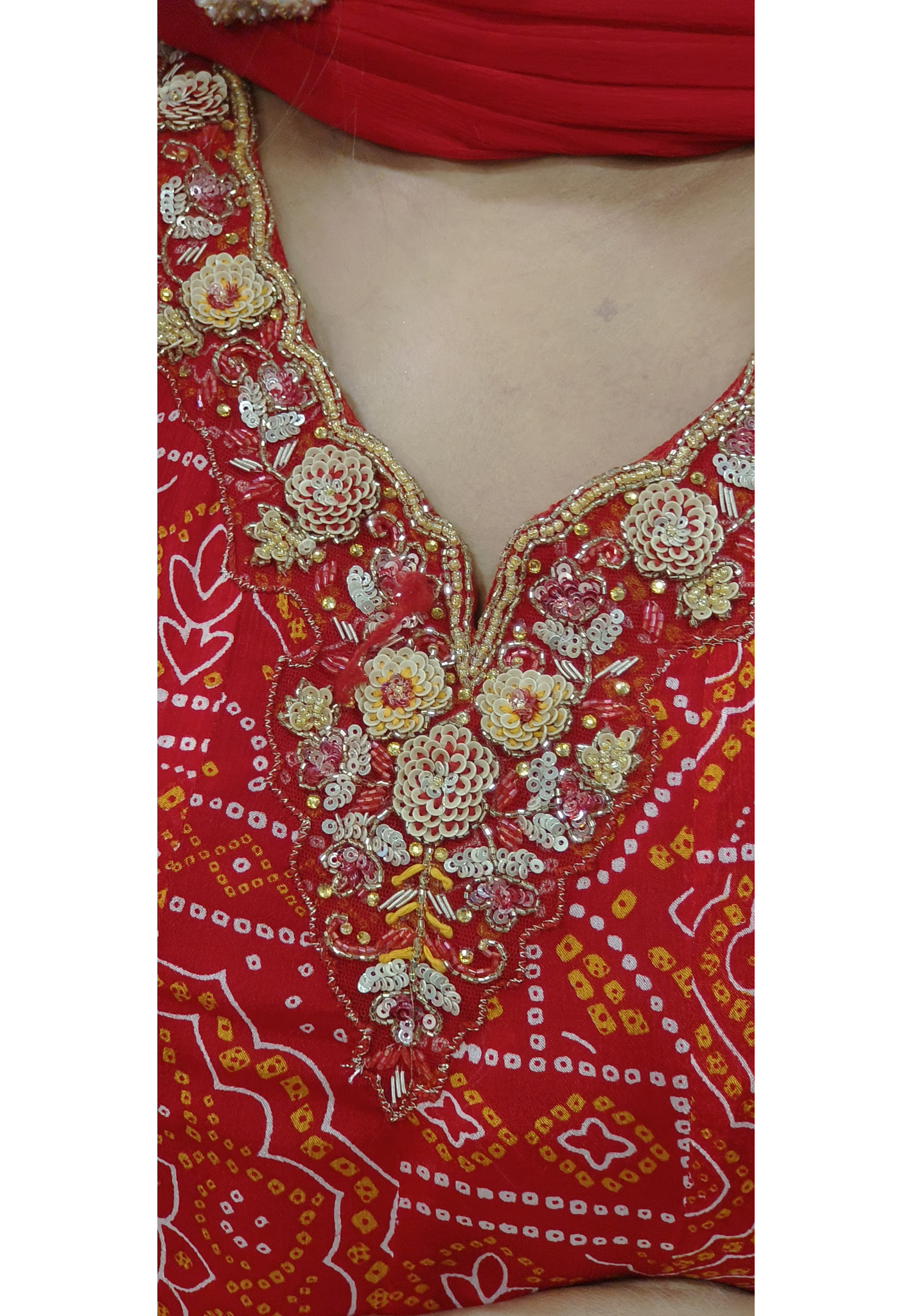 Embroidered Neck Chinon Fabric Chunari Print Panel Anarkali Full Suit Set-10187