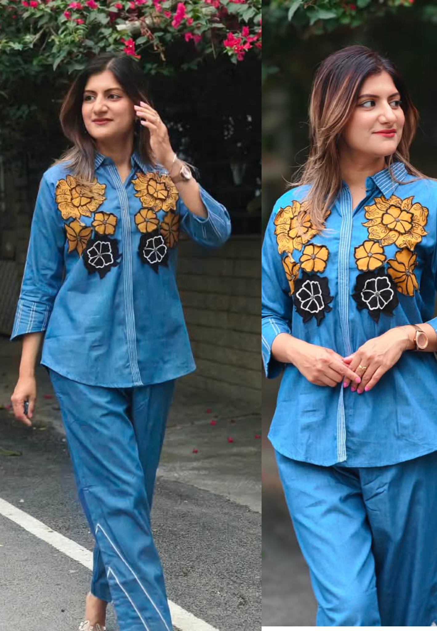 Denim Two-Piece Co-ord Set with Oversized Mustard Yellow and Black Floral Embellishments- 16111
