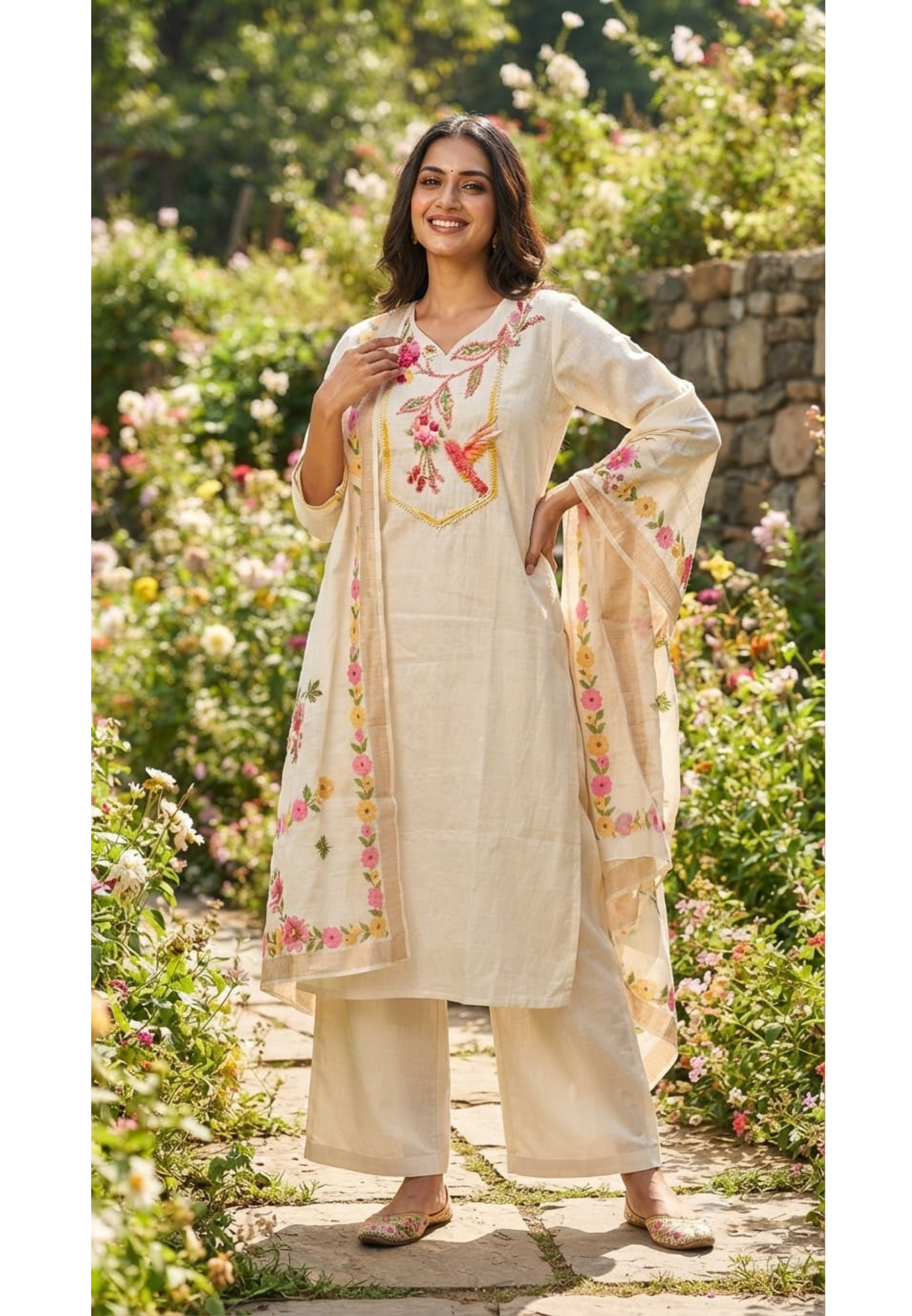 Crochet Gardenia Figure Embroidered Kora Cotton Full Suit Set With Dupatta- 14689