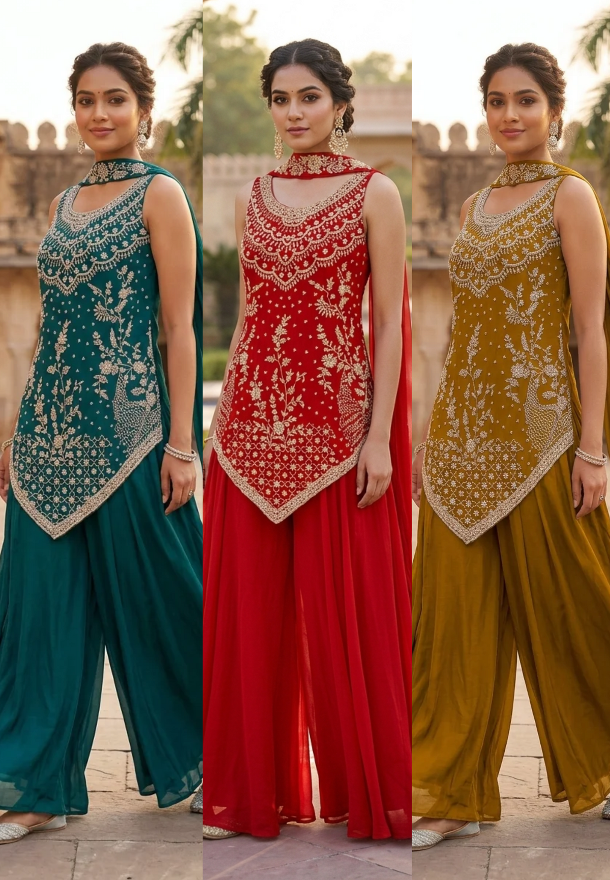 Hand-Embroidered Asymmetric Scalloped Kurta with Flared Palazzo Bottom & Chowker Dupatta Set- 16819