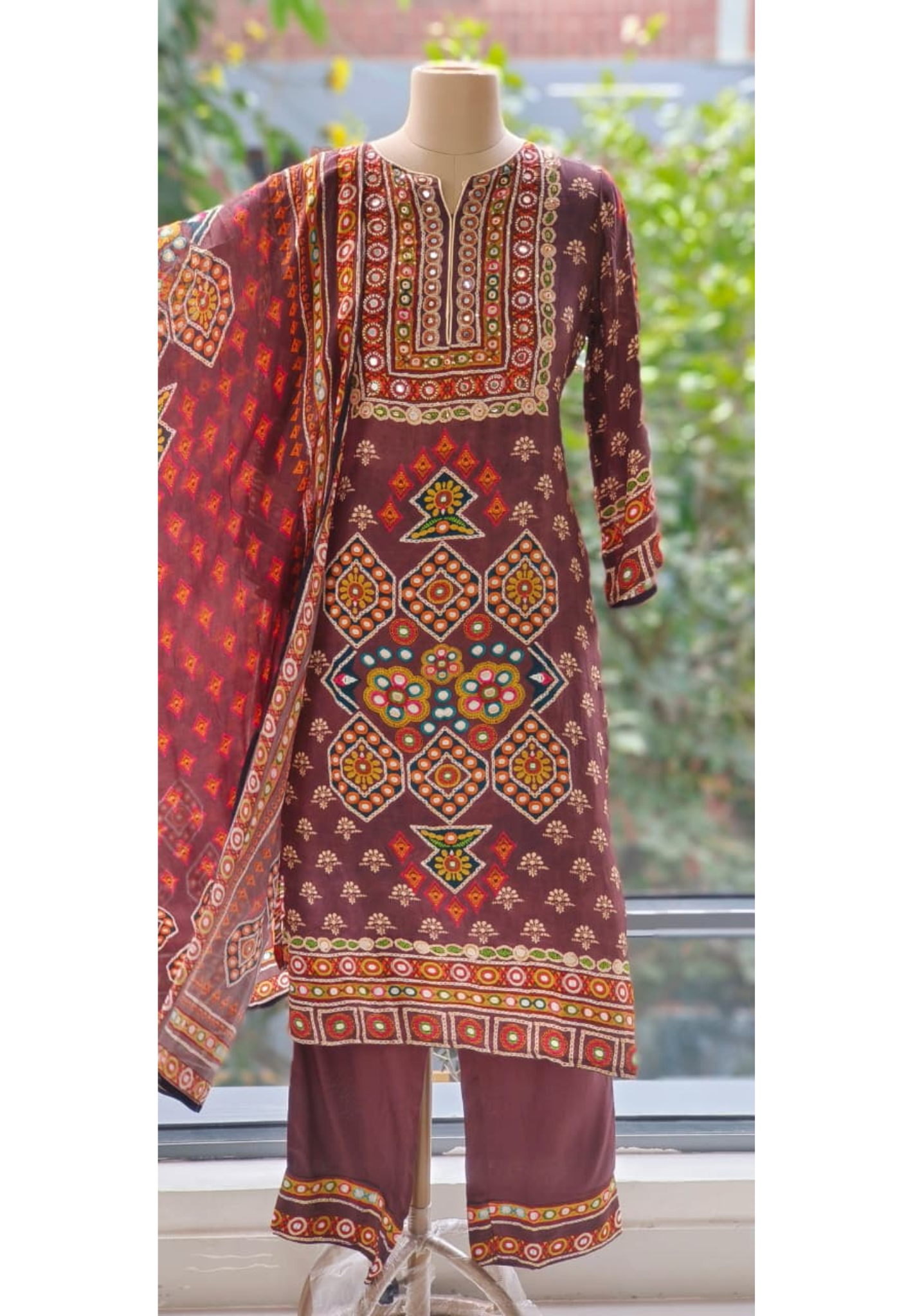 Premium Soft Crepe Straight Suit Featuring Multicolor Traditional Print, Detailed Neck Pattern and Printed Dupatta-12233