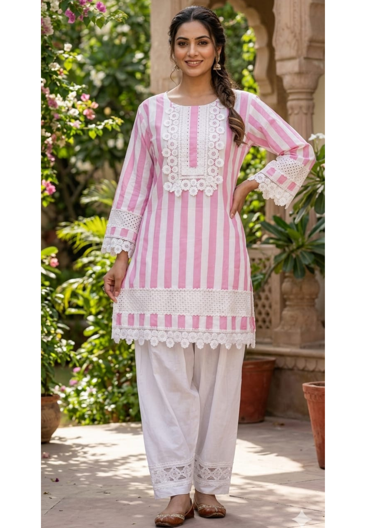 Premium Cotton Candy Stripe Short Length Kurta Pant Set with Floral Eyelet Lace- 14881