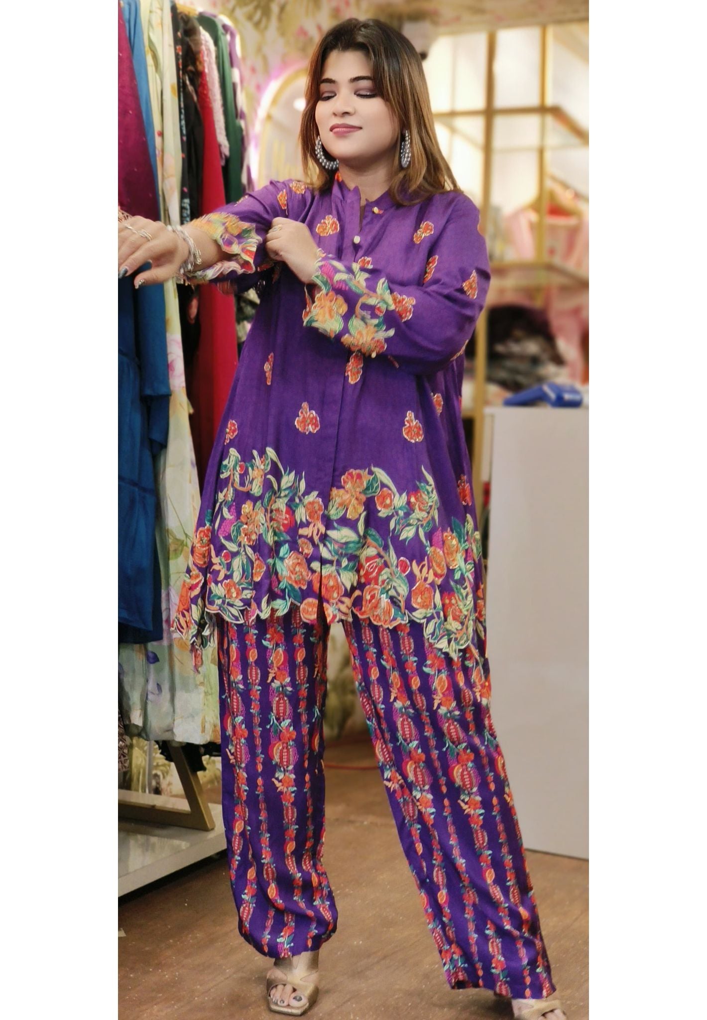 Beautiful Floral Print Cut Work embroided Co-ord set of-2 DRY WASH Loose Fit-06010