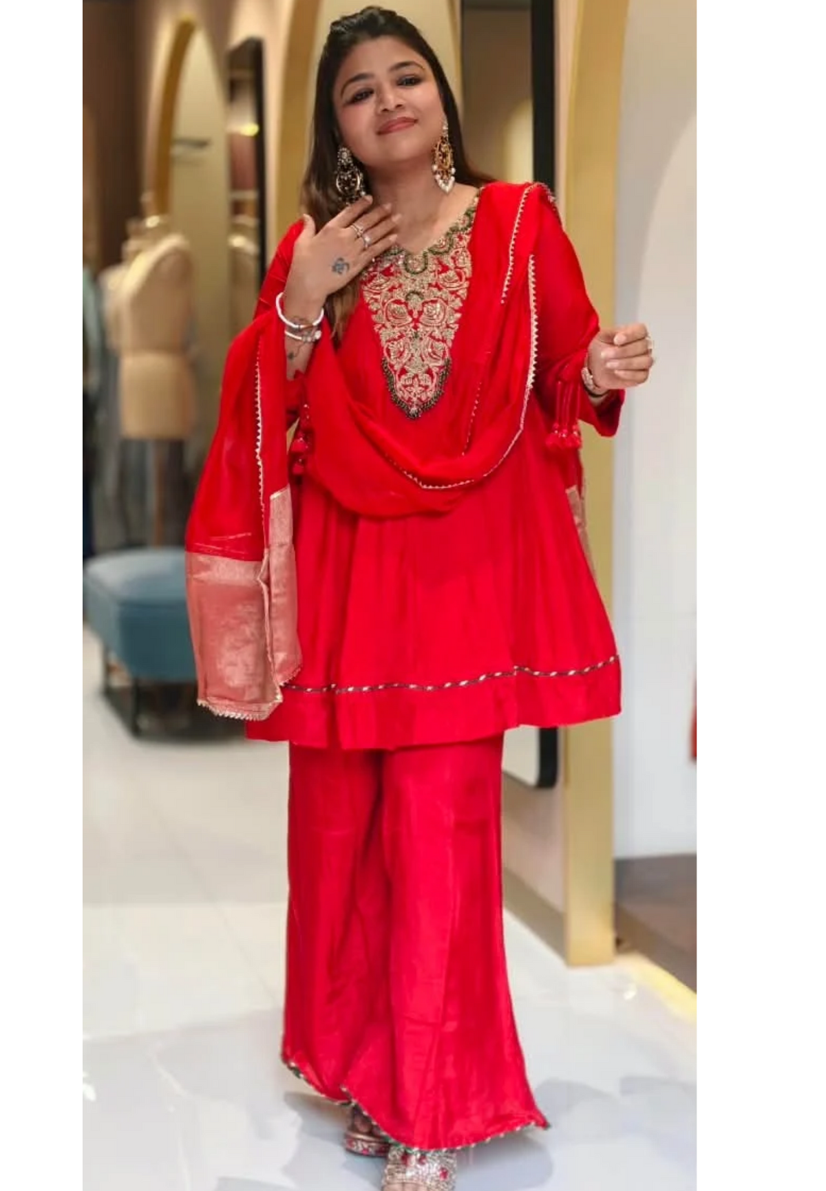 Russian Silk Short Length Panel Anarkali Style Full Suit Set With Heavy Zardosi Embroidery Yoke- 16888