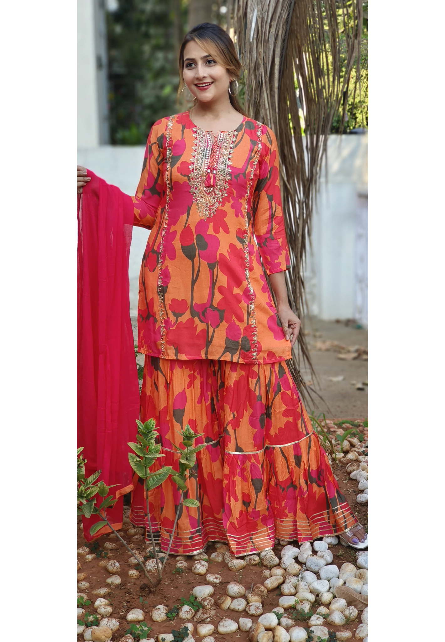 Muslin Floral Print Embroidered Kurta with Sharara Set and Dupatta-04881