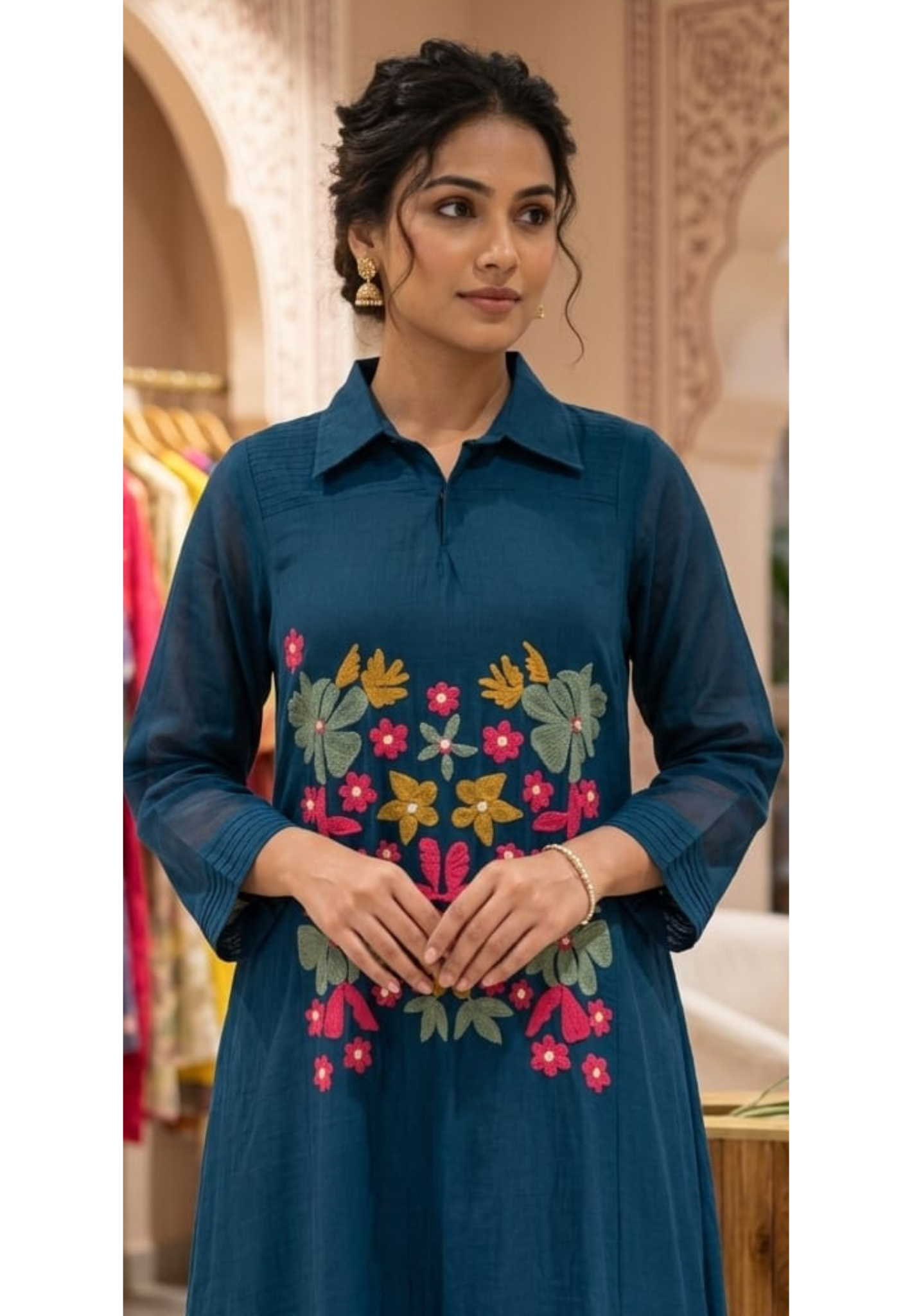 Summer Friendly Intricate Floral Embroidered Trendy Ankle Length Frock In Mul Chanderi Fabric-13747