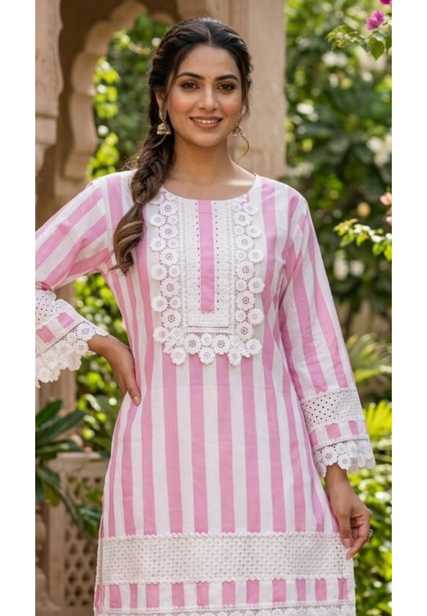 Premium Cotton Candy Stripe Short Length Kurta Pant Set with Floral Eyelet Lace- 14881