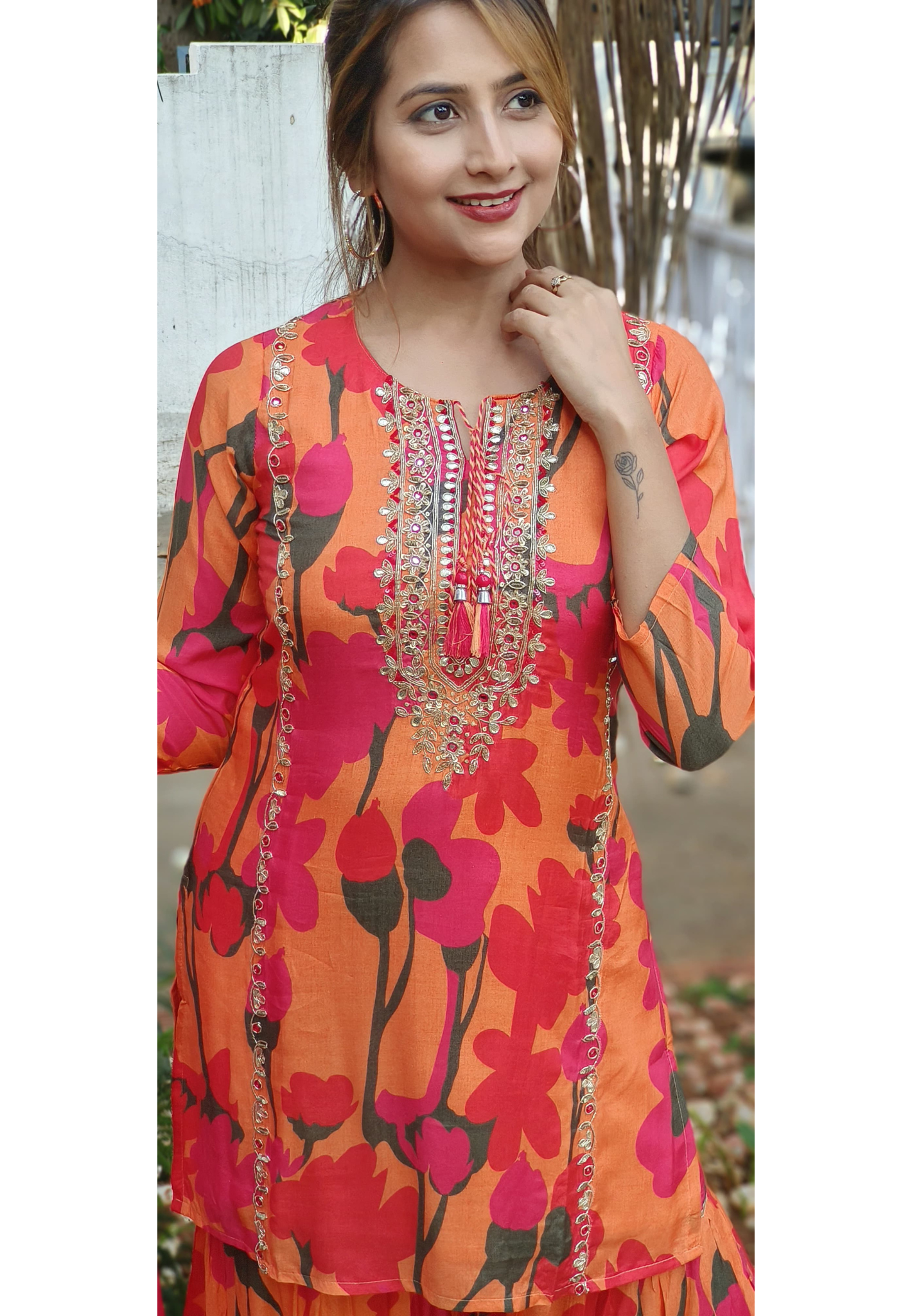 Muslin Floral Print Embroidered Kurta with Sharara Set and Dupatta-04881