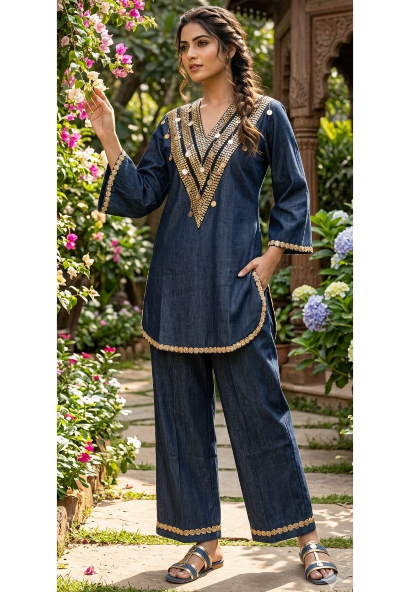 Nightmere Denim Look Co-Ord Set with Heavy Sequin and Coin-Embellished V-Neck- 14876
