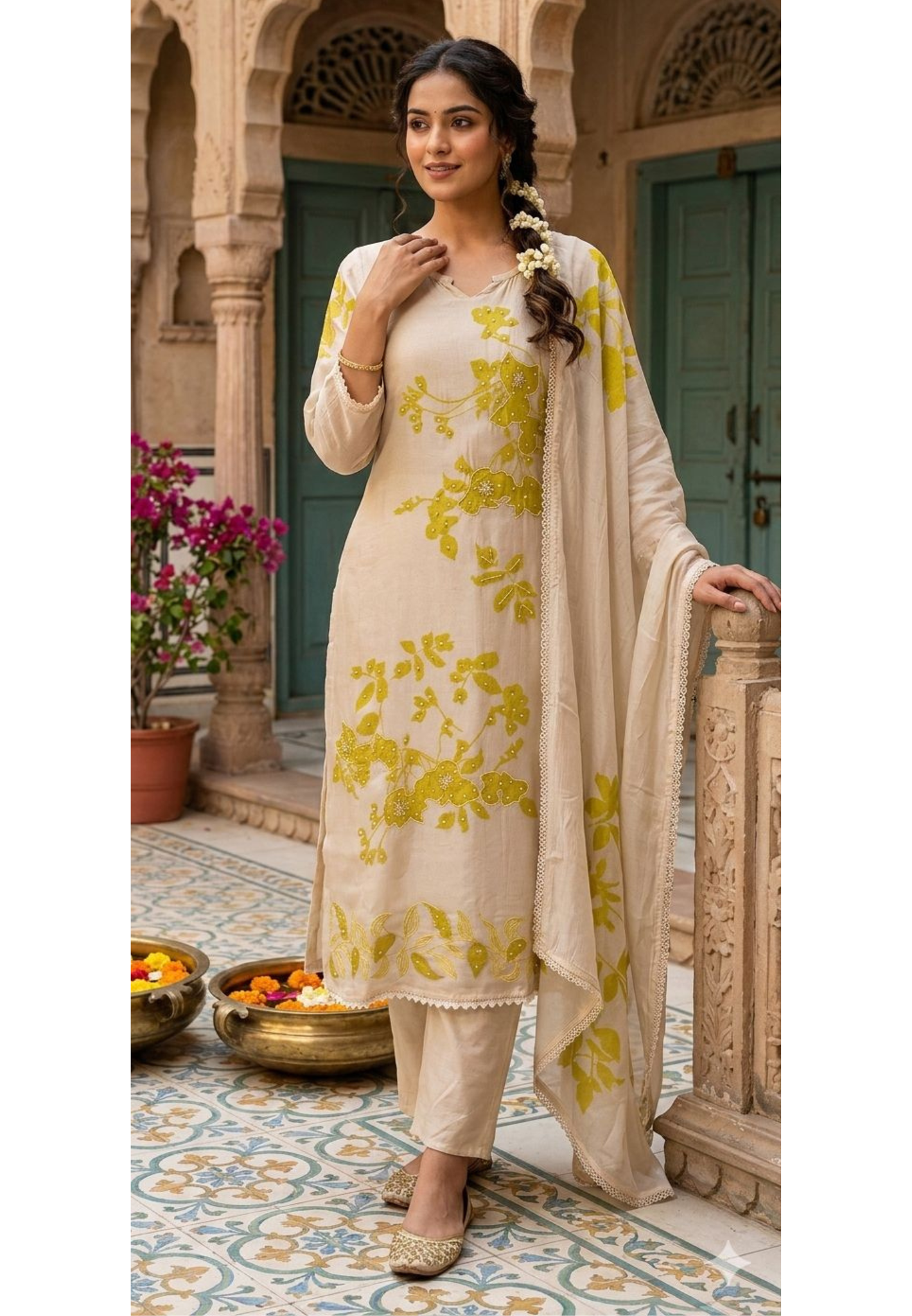 Lime Petal Printed With Sequin Upwork Crosia Borders Full Suit Set With Dupatta- 13737