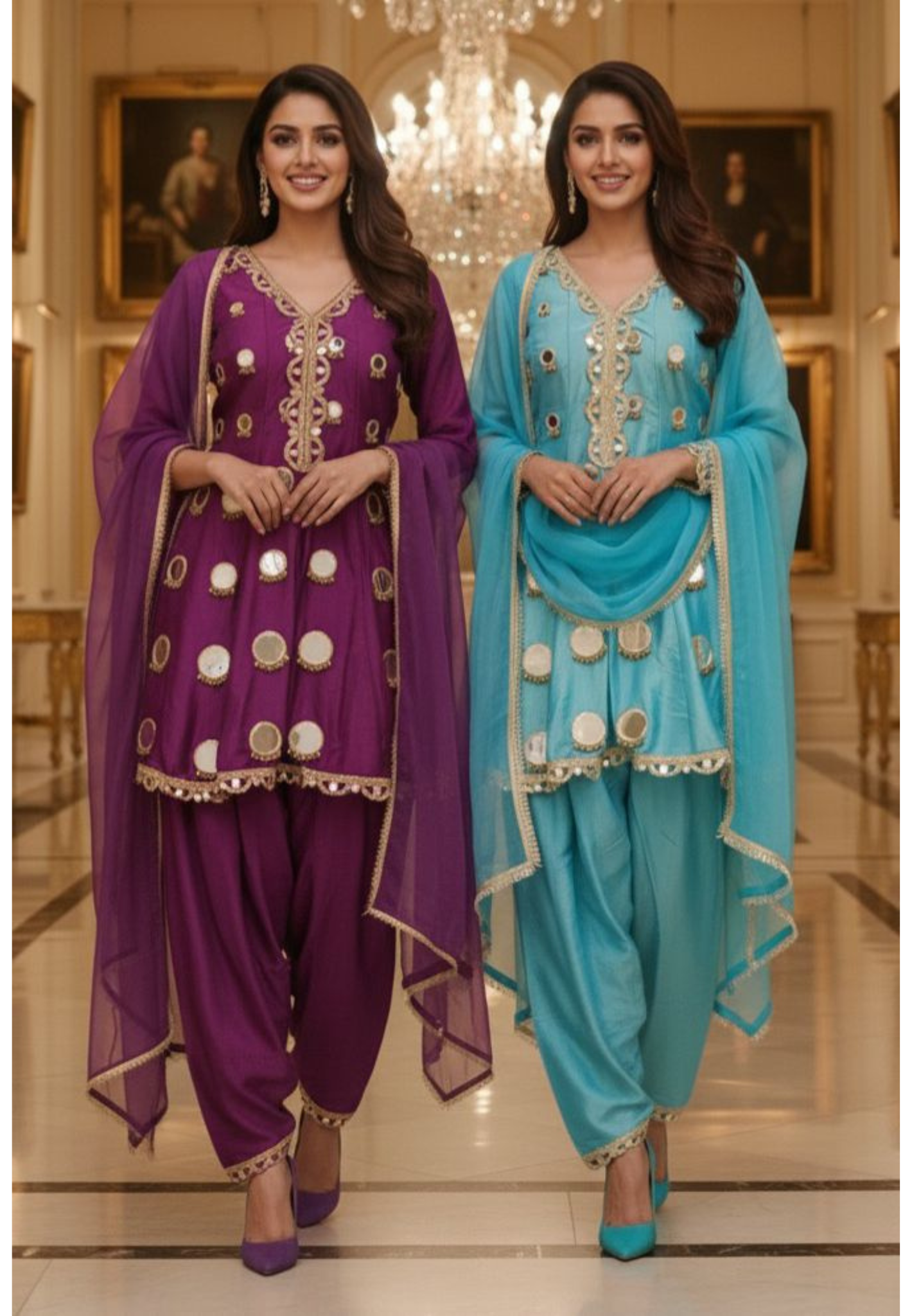 Premium Tissue Shimmer Full Suit Set Featuring Hand Embroidered Real Mirror Work, Farshi Bottom & Contrast Dupatta