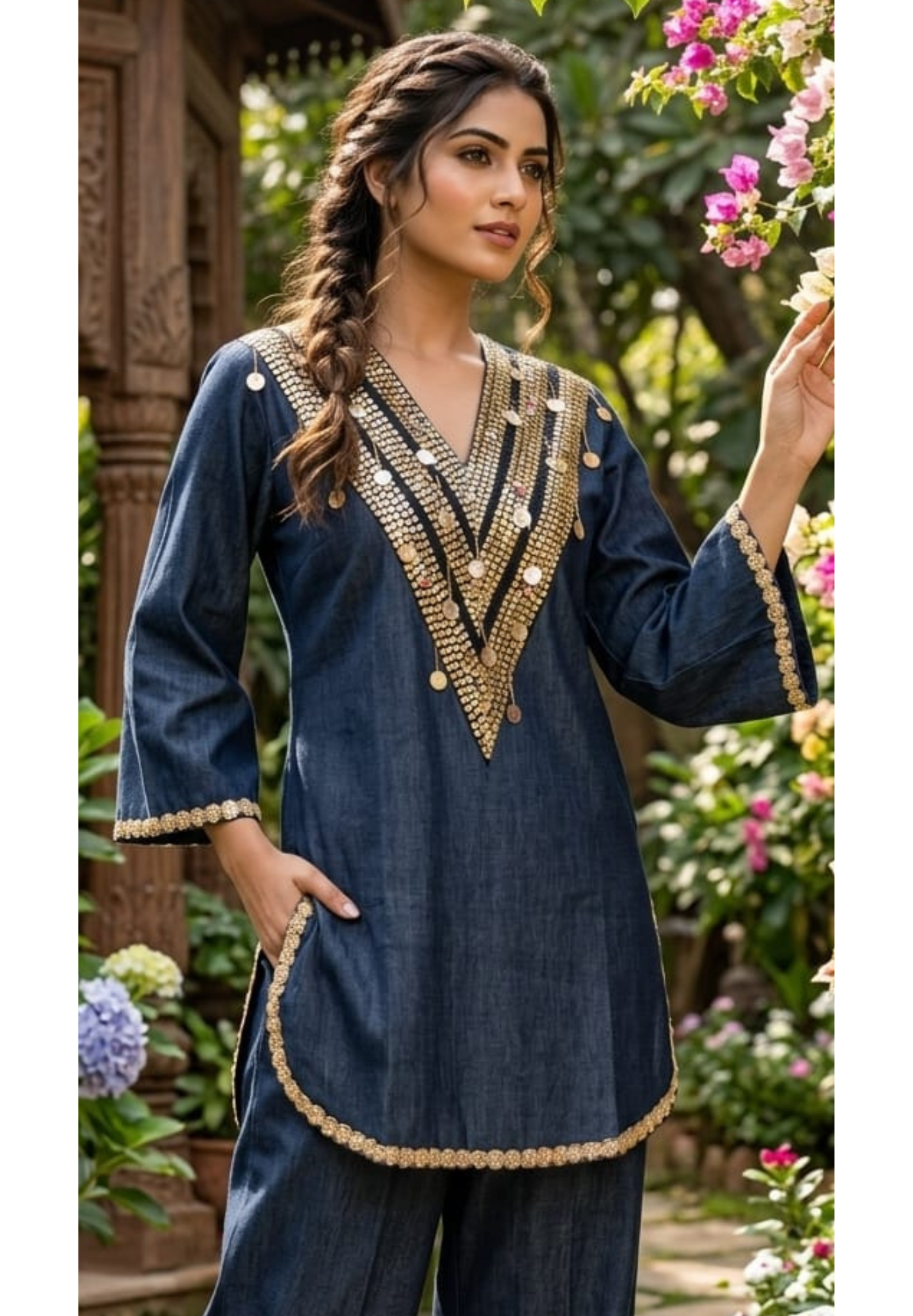 Nightmere Denim Look Co-Ord Set with Heavy Sequin and Coin-Embellished V-Neck- 14876