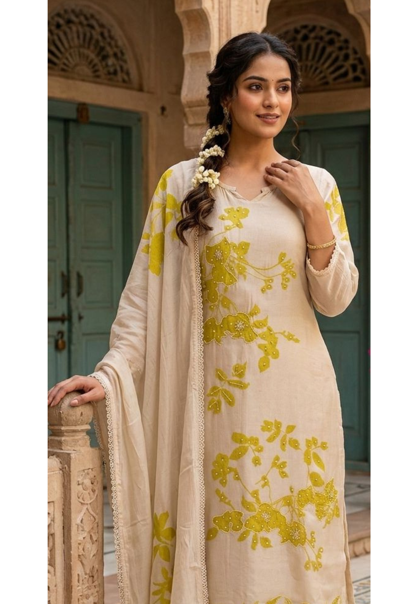 Lime Petal Printed With Sequin Upwork Crosia Borders Full Suit Set With Dupatta- 13737