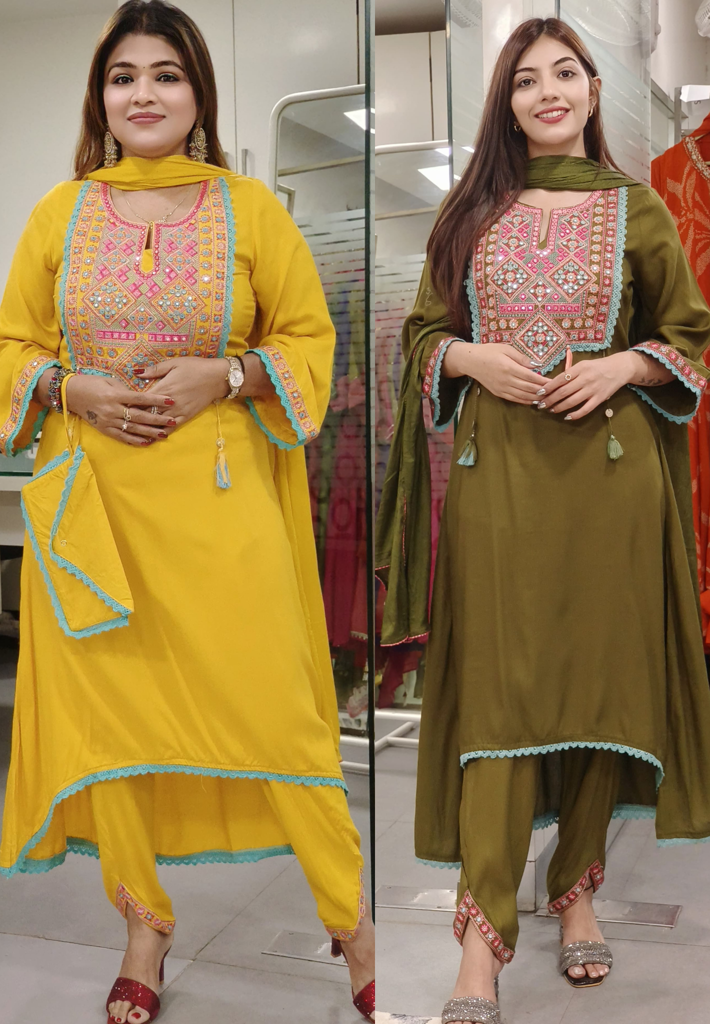 Solid Shade Cotton Slub Foil Mirror hi low Kurta with Stylish  Pants & Dupatta with Boho Pouch-9457,9456