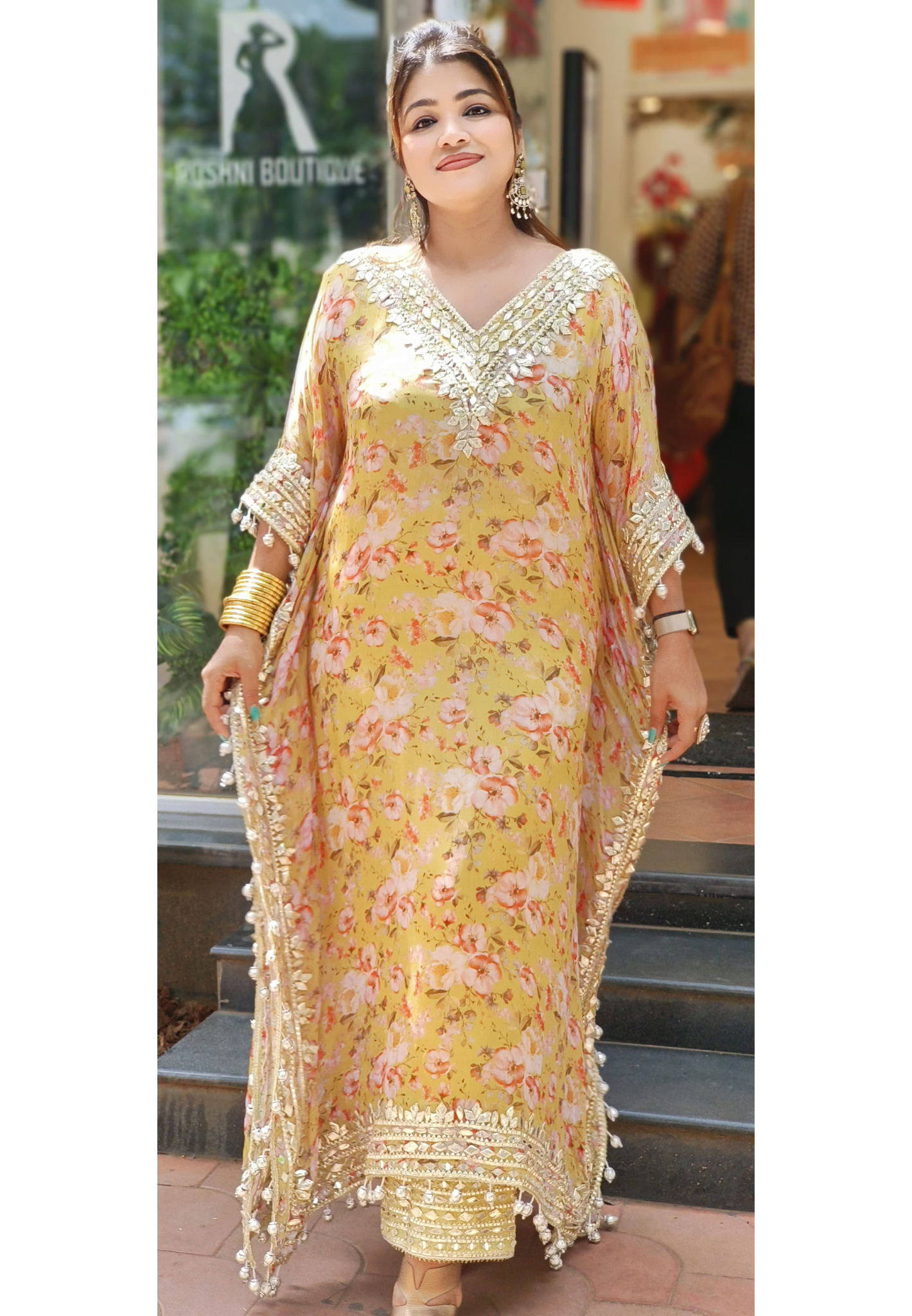 Chinon Floral Print Embroidered Kaftan With  Pants DRY WASH ONLY