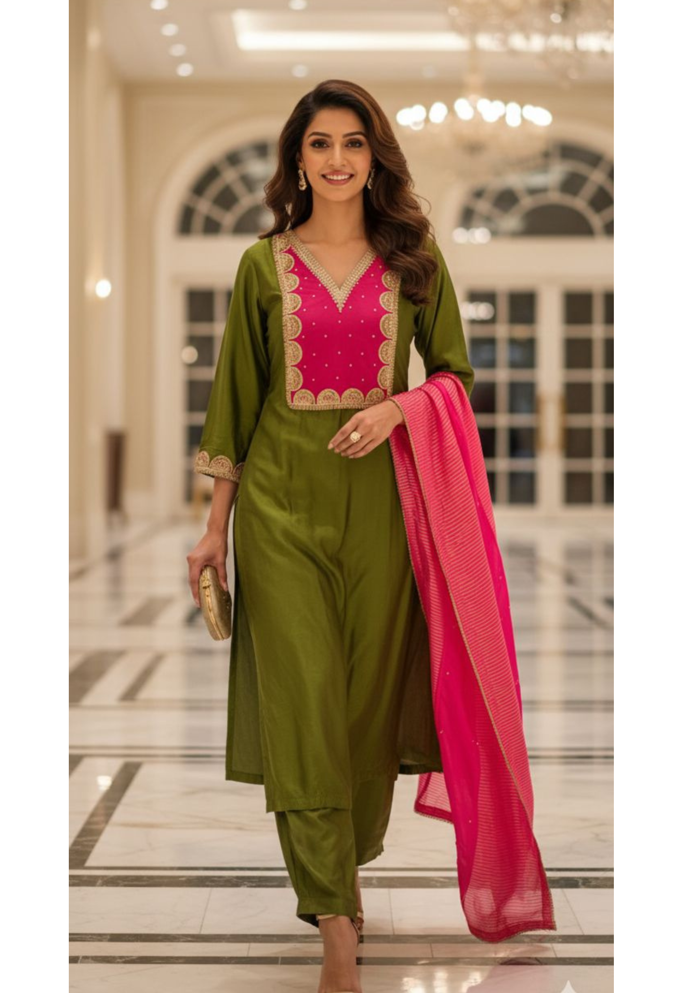 Attractive Yoke A-Line Full Suit Set With Golden Striped Dupatta In Dola Silk Fabric- 12997