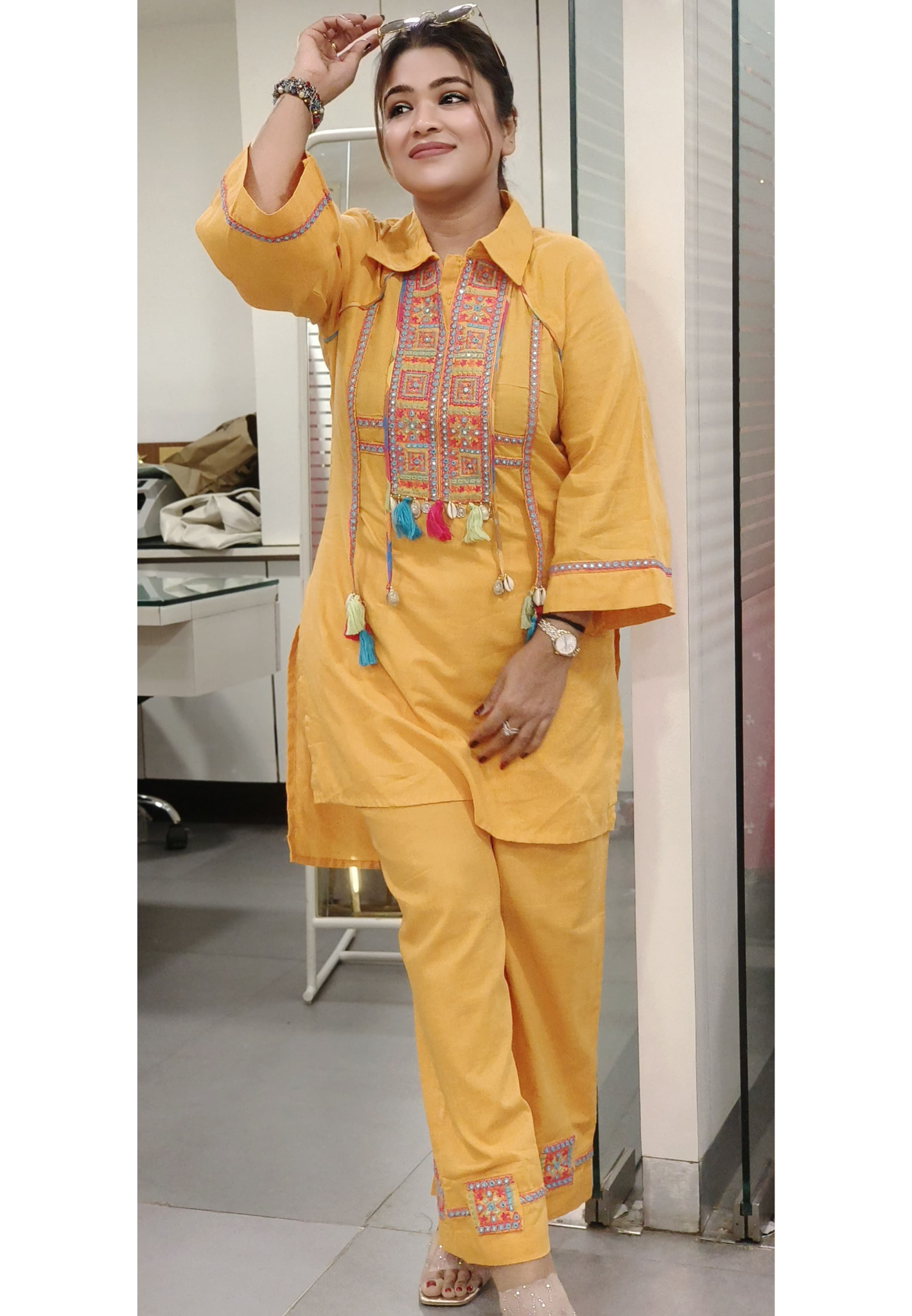 Mango Yellow Boho-Chic Kurta Pant  with Mirror Work, Embroidery & Tassel Accents-9469