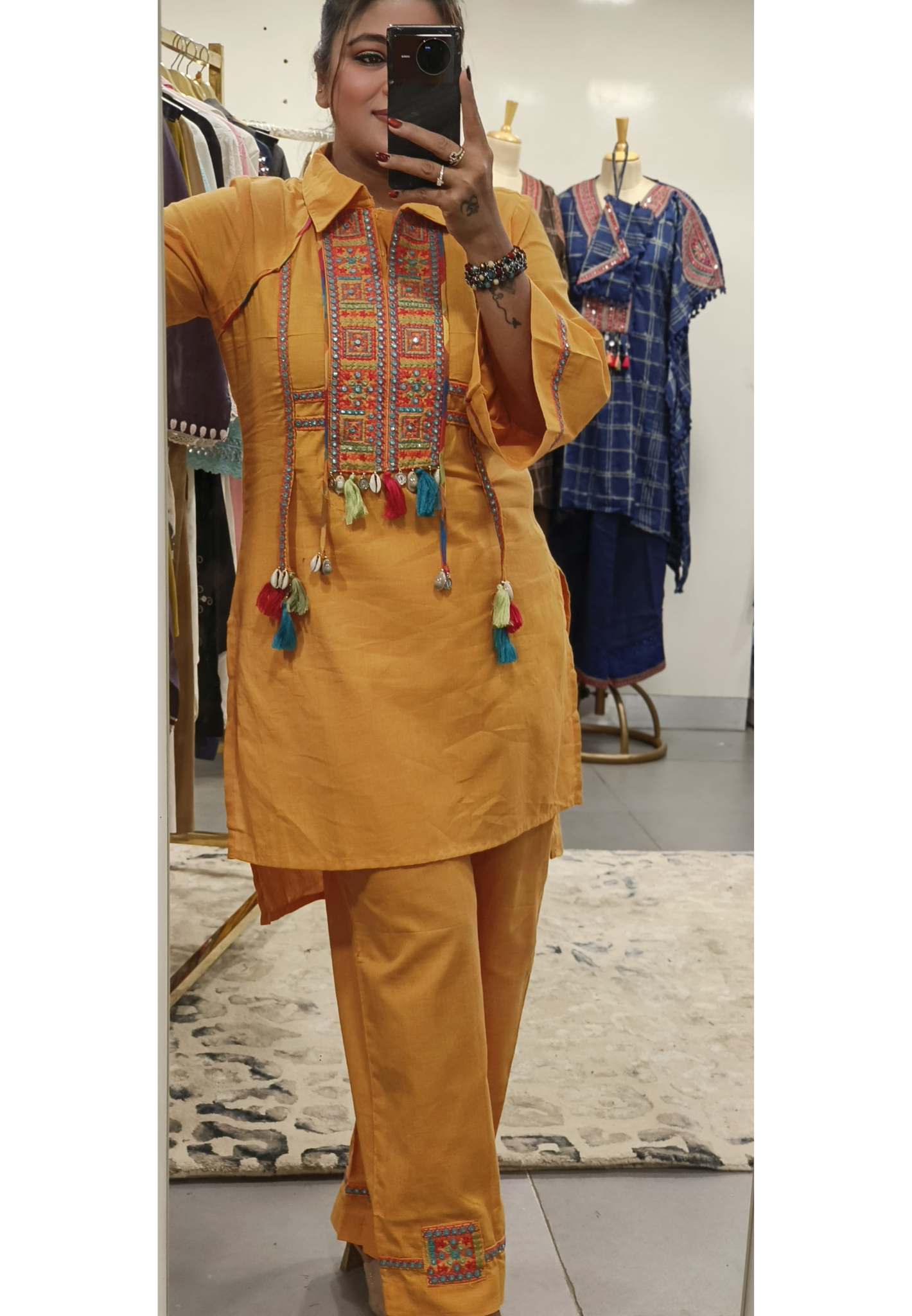 Mango Yellow Boho-Chic Kurta Pant  with Mirror Work, Embroidery & Tassel Accents-9469
